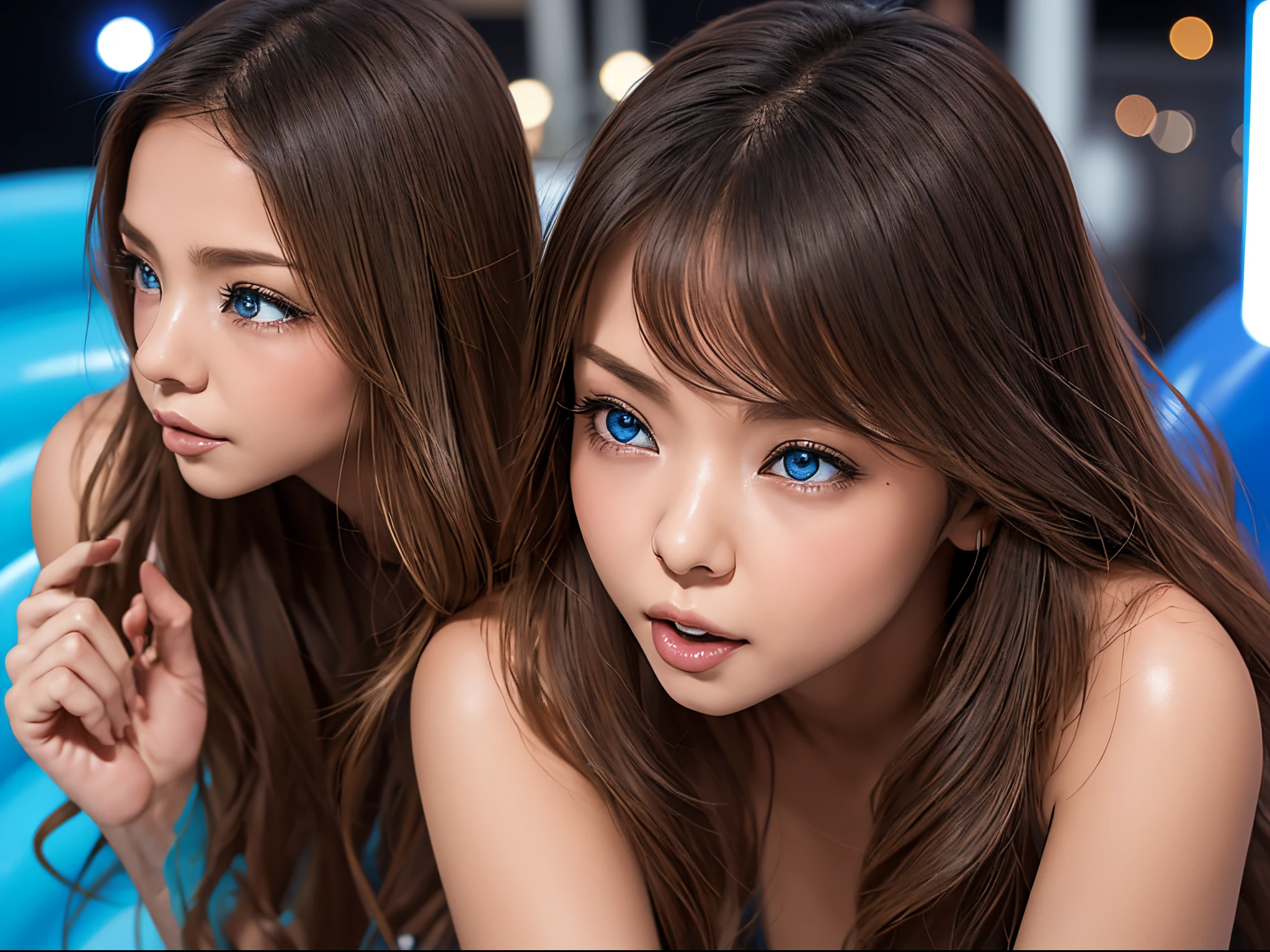 Stunning cute girl, chibi, Long black hair with bangs, blue eyes white skin black eyeliner, Beautiful and perfectly detailed face with full lips and upturned nose, extraordinary beauty, full body slim 1.2 high quality image and perfect detail, Nswf, big tits slim waist and wide hips, thick thighs , high heels and black manicure