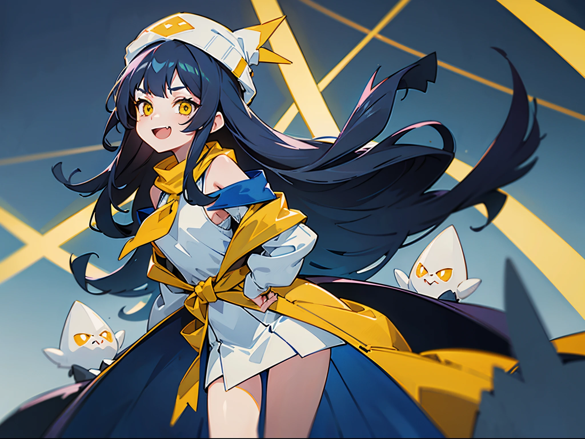 one-girl,Dark blue split ends super long hair,Yellow eyes,Yellow triangle scarf,Gilet blanc,Off-the-shoulder attire,white plush hat,The coat is tied around the waist,Wear half the jacket,Evil smiles with open mouth,fang,scissor hands,nigth,Colorful neon lights in the distance
