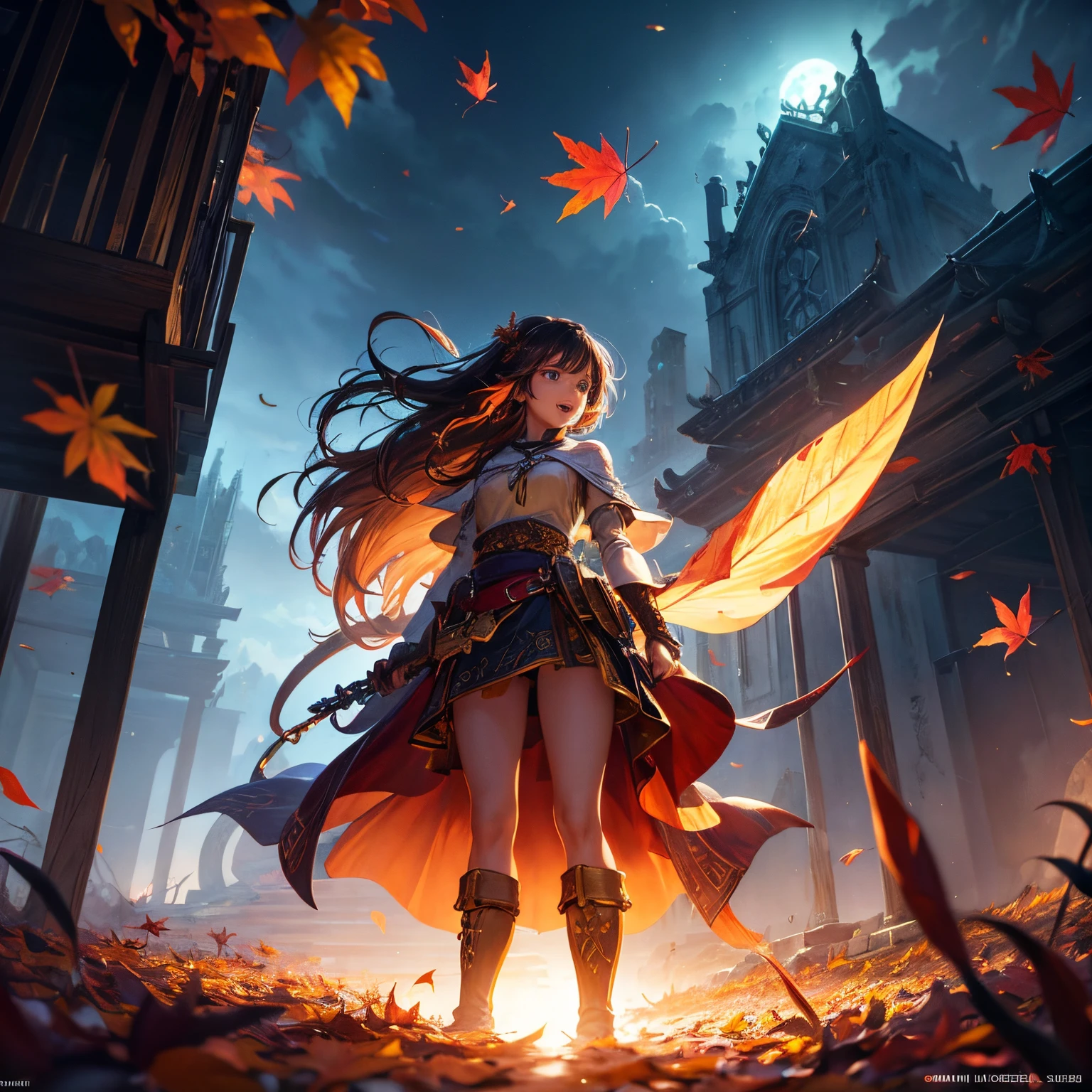 foreshortening, (depth of fields:1.5), masutepiece, (Best Quality:1.3), Legend of Zelda , Solo, Looking up,Red or orange fallen leaves、(Background of autumn leaves:1.2)、Both hands are holding the falling leaves、, Laughing with open mouth, Dappled sunlight,full body Esbian、Legend of Zelda overlooking a city and a river, many leaves flying by, best anime 4k konachan wallpaper, 2. 5 d cgi anime fantasy artwork, intricate ornate anime cgi style,BREAK,Detailed,Realistic,4k highly detailed digital art,octane render, bioluminescent, BREAK 8K resolution concept art, realism,by Mappa studios,masterpiece,best quality,official art,illustration,ligne claire,(cool_color),perfect composition,absurdres, fantasy,focused,rule of thirds