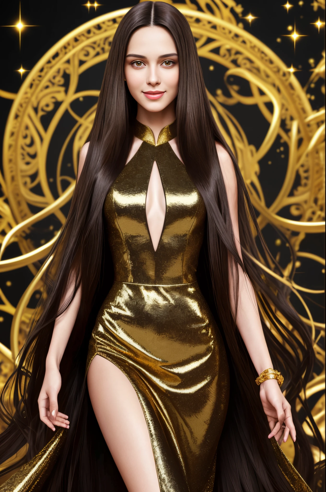 the most perfect brunette woman long straight hair in all creation, wearing a luxurious black, Test, highly realistic, reddish skin, beautiful, smiling, feeling of lightness and joy, hyperrealism, very elaborate skin, direct gaze, black and gold mettalic background