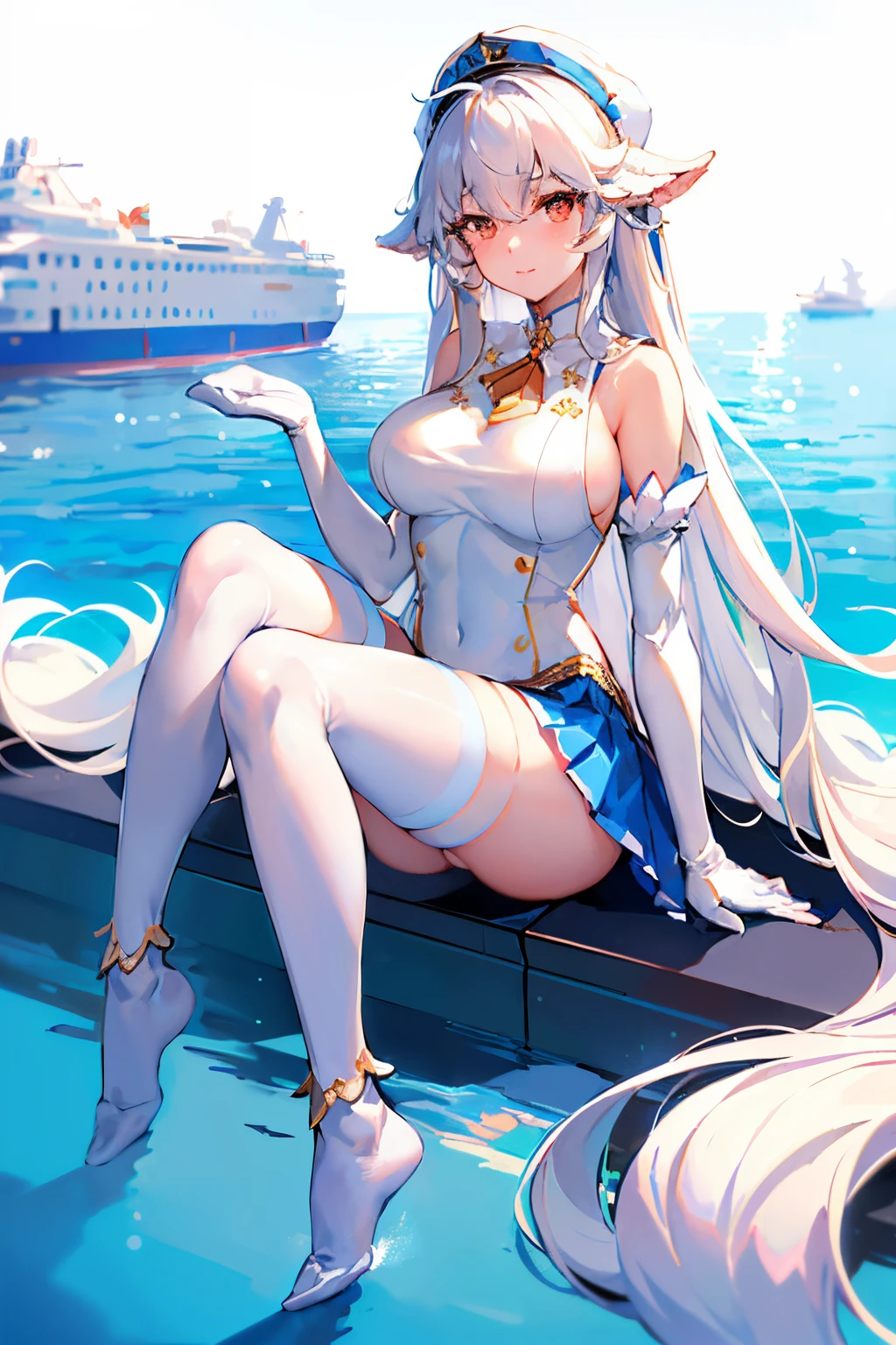 ((Best quality at best)), ((tmasterpiece)), ((1个Giant Breast Girl)), Alone, ferry, ((long whitr hair)), Ferry base, ((Raise your legs)), exposed bare shoulders, ((jewely)), ((Sleeveless)), White dress, blue skirts, ((mitts)), thigh high, from back.