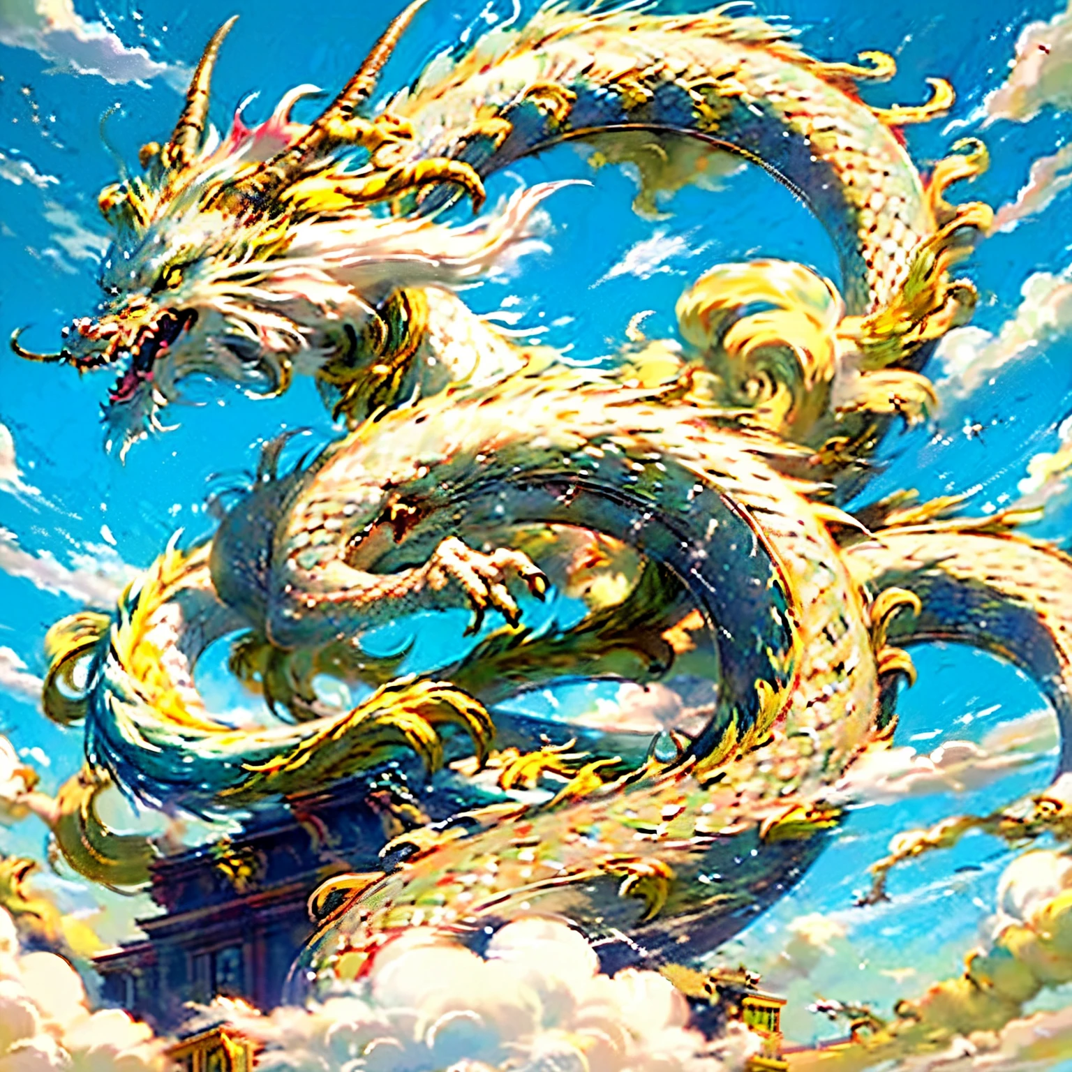 Best quality,masterpiece,ultra high res,nu no humans, (long:1.2),sky, yellow eyes, cloud, scales, eastern dragon, open mouth, sharp teeth, flying, horns, teeth, day, claws, fangs, blue sky