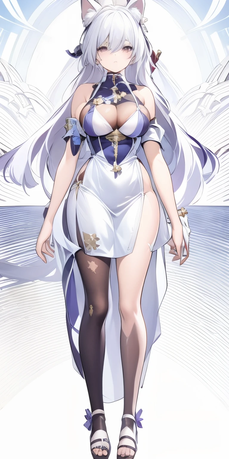 One in a white dress、Anime character of woman with cat ears, Cute anime waifu wearing nice clothes, White dress!! silber hair, azur lane style, Translucent liquid comes from《Azure route》videogame, loli in dress, 《Azure route》人物, from girls, clear outfit design, Anime full body illustration, white-haired god, Official character art