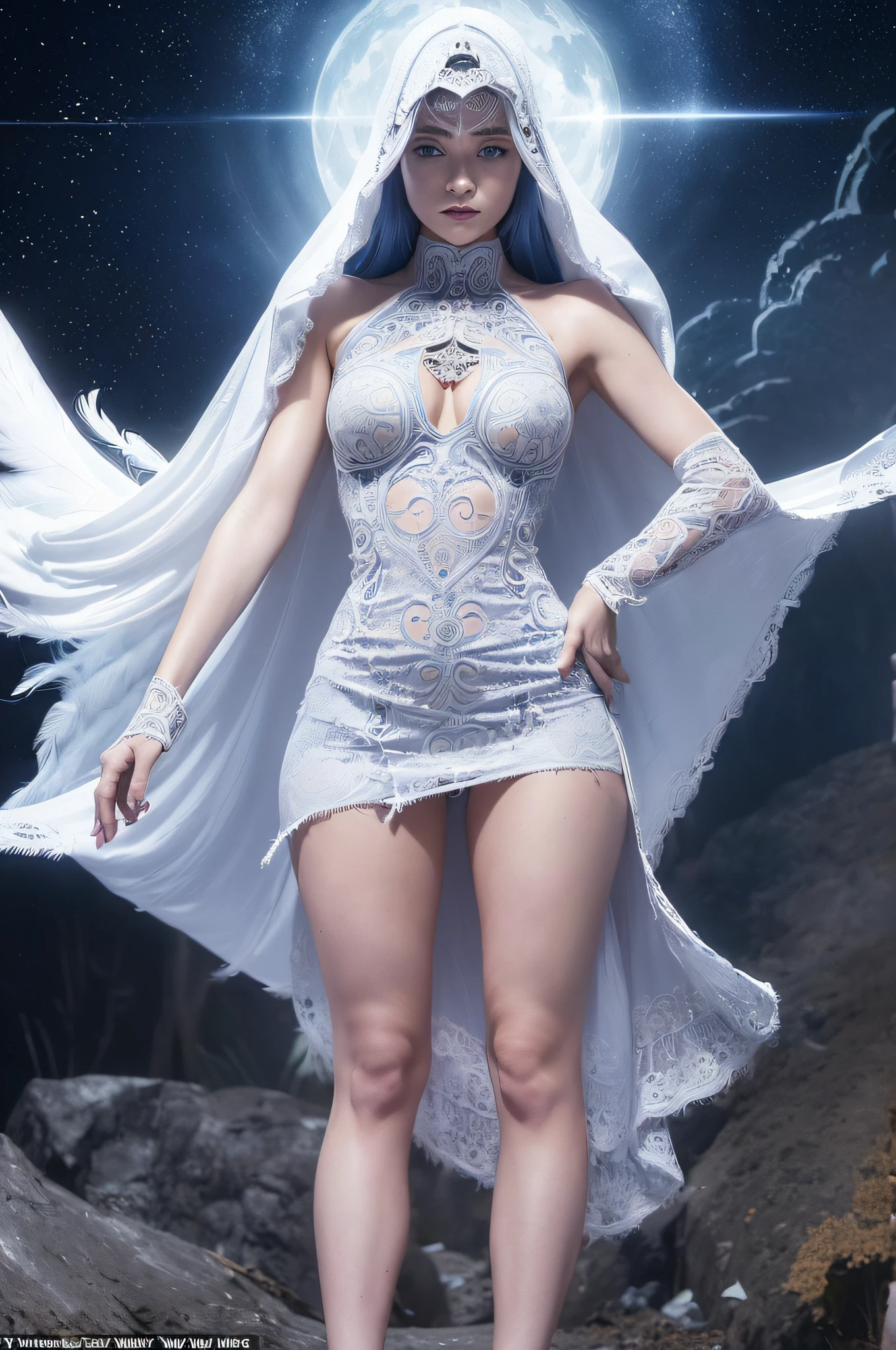 ((professional: step by step, final result god level)): "((full body, cowboy shot)), slim build, full body, (only 1 woman), perfect body, cute Young Human woman who has blue Falcon feathers instead of hair, which cover her head and part of her perfect body, These feathers are an important distinctive of her appearance ((she wears a very short 10% white dress below the hips showing thighs which gives her an ethereal and magical appearance)). She also wears a cape with hood made with feathers instead of fabric. She has facial makeup that highlights her eyes, symmetrical face, bare thighs and hips, ((((all whit intricate details)))), very sexy, blue eyes, blue thong, bare crotch, slightly leaning forward with legs apart"