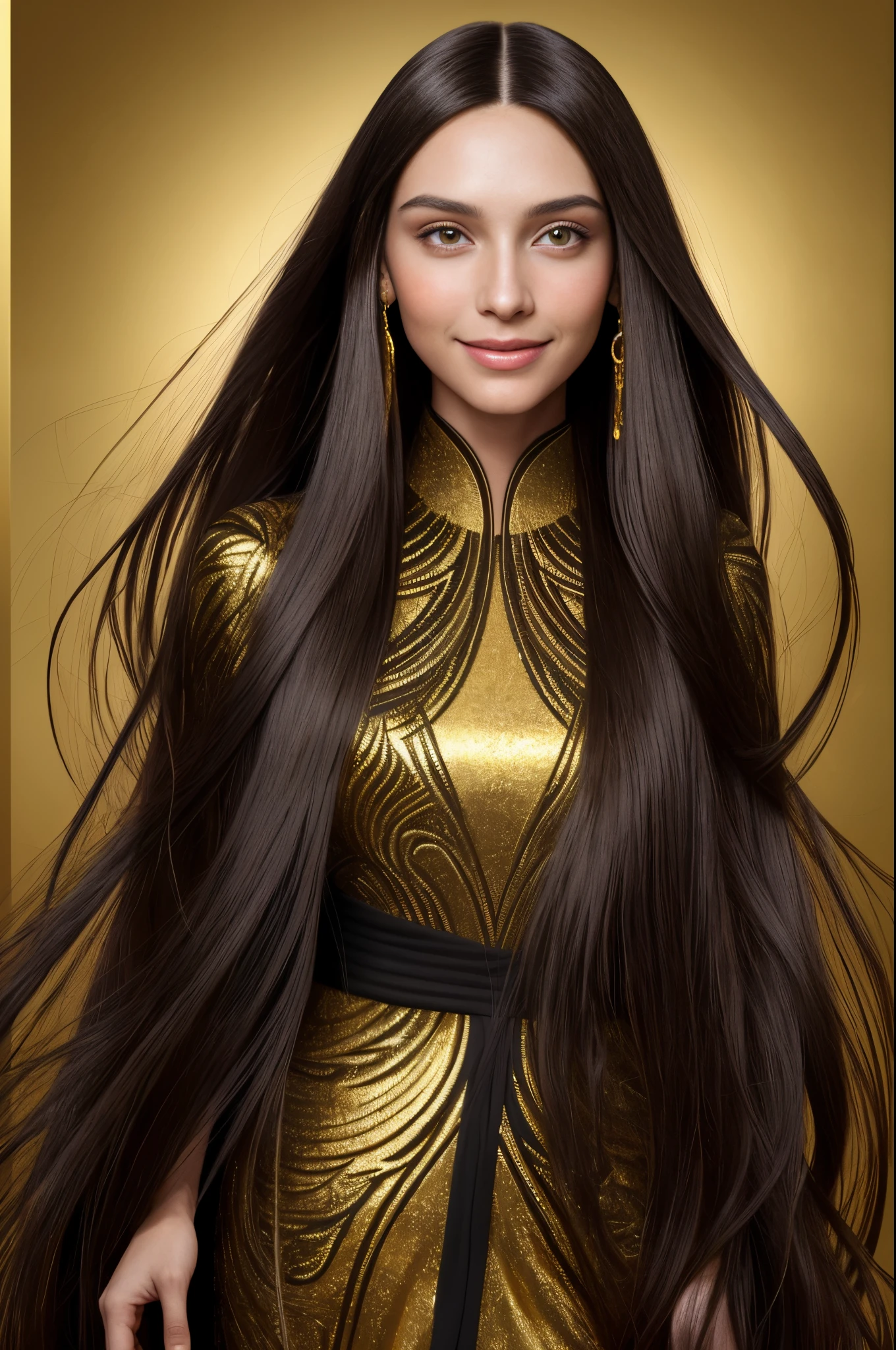 the most perfect brunette woman long straight hair in all creation, wearing a luxurious black, Test, highly realistic, reddish skin, beautiful, smiling, feeling of lightness and joy, hyperrealism, very elaborate skin, direct gaze, black and gold mettalic background