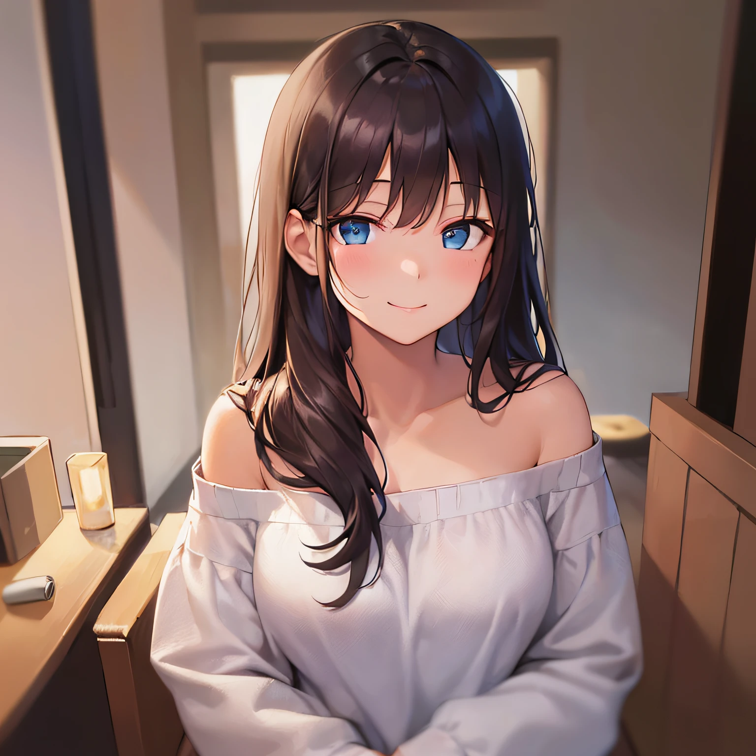 masterpiece、top-quality、25 year old woman with long brown hair and blue eyes、White off-shoulder blouse、Hands raised、(A shy and gentle smile:1.3)、(Staring:1.5)、(Close-up of the subject's face:1.3)、The background is the living room of an apartment at night.、is standing、Bold composition、The whole body is shown、Alone、