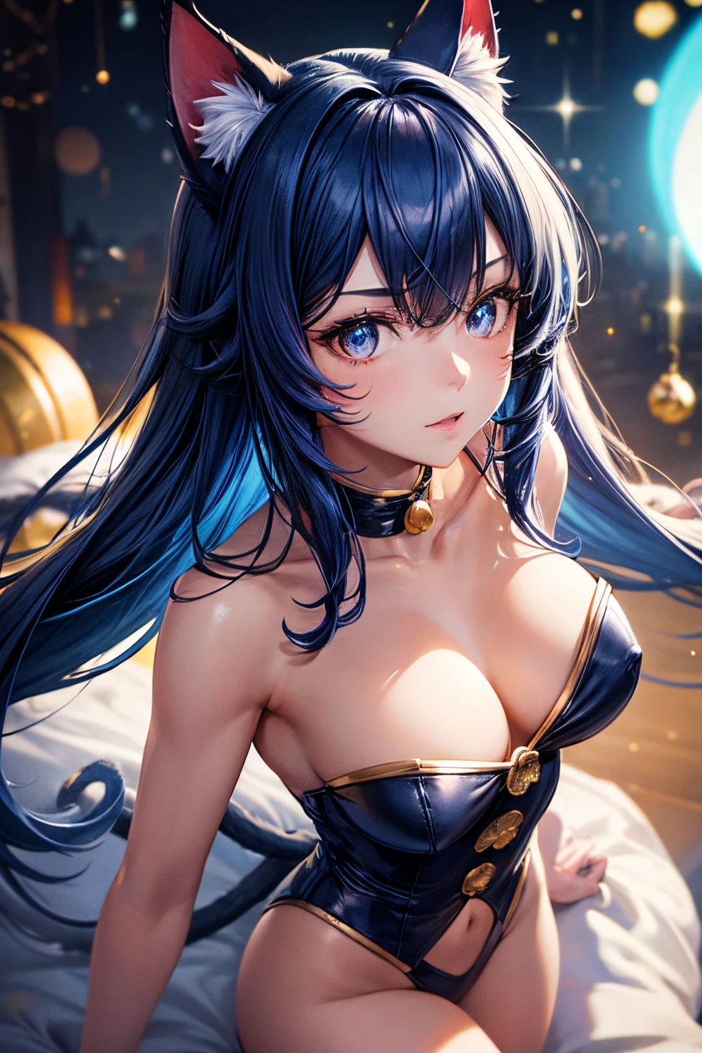 Top quality, high resolution, perfect human structure, background focus, front view, glowing hair, cat ears, blue hair, Santa costume, presents, bangs pinned back, determined, glowing eyes