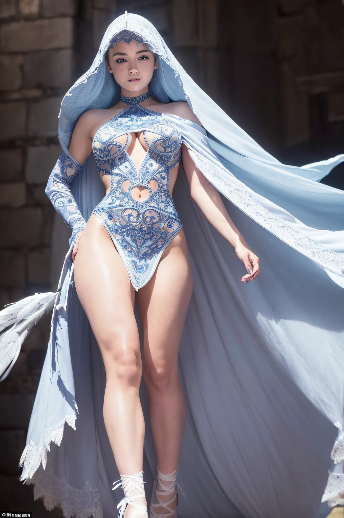 ((professional: step by step, final result god level)): "((full body, cowboy shot)), slim build, full body, (only 1 woman), perfect body, cute Young Human woman who has blue Falcon feathers instead of hair, which cover her head and part of her perfect body, These feathers are an important distinctive of her appearance ((she wears a very short 10% white dress below the hips showing thighs which gives her an ethereal and magical appearance)). She also wears a cape with hood made with feathers instead of fabric. She has facial makeup that highlights her eyes, symmetrical face, bare thighs and hips, ((((all whit intricate details)))), very sexy, blue eyes, blue thong, bare crotch, slightly leaning forward with legs apart"