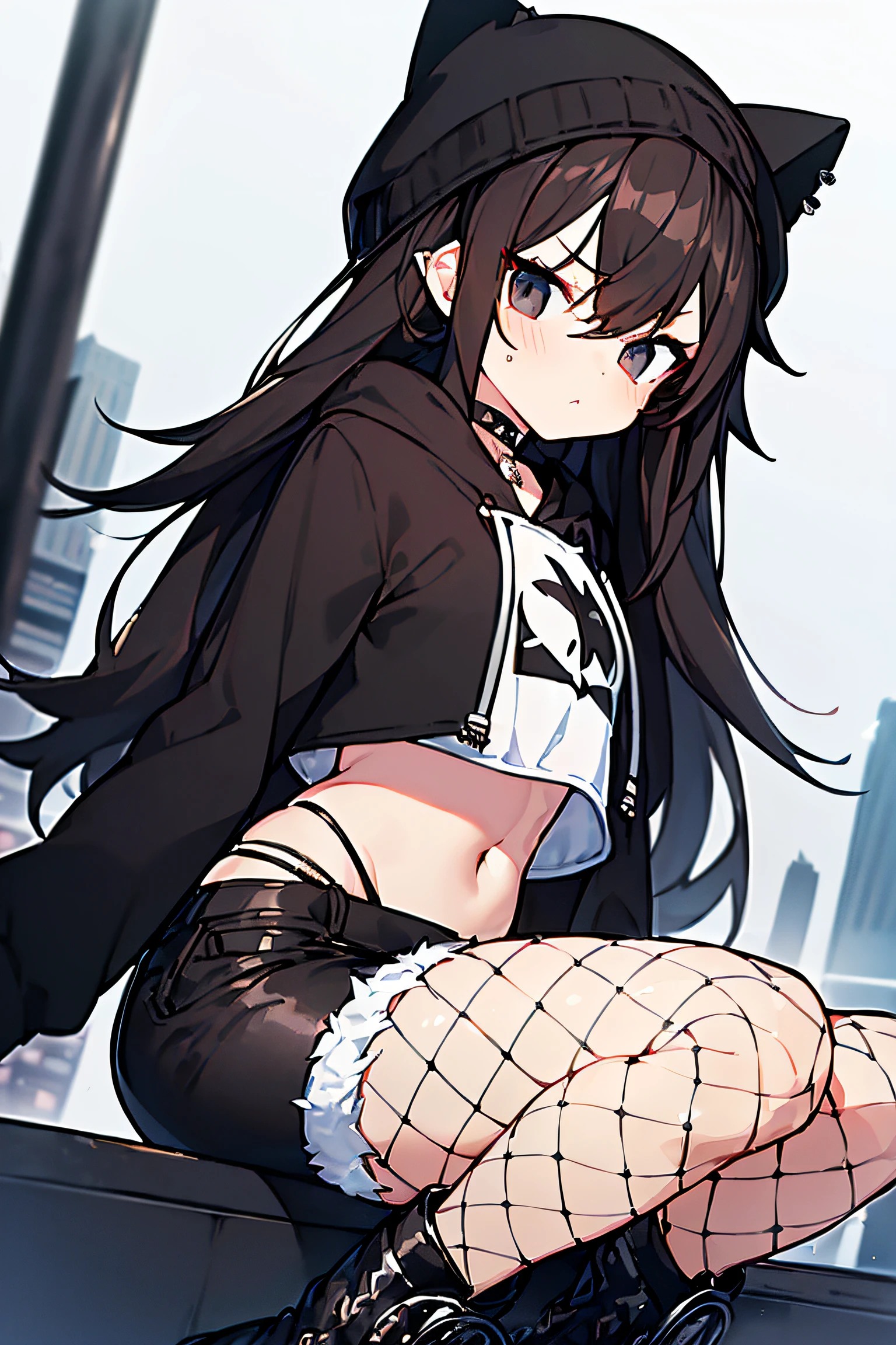 ((masterpiece, best quality)), ((1girl)), (white crop top), ((black open hoodie)), ((black short jeans)), (fishnets), (black military boots), ((dark brown long straight hair)), brown cat ears, serious, black eyes, rosy cheeks, (black choker with spikes), (black gothic beanie), dynamic angle, city background