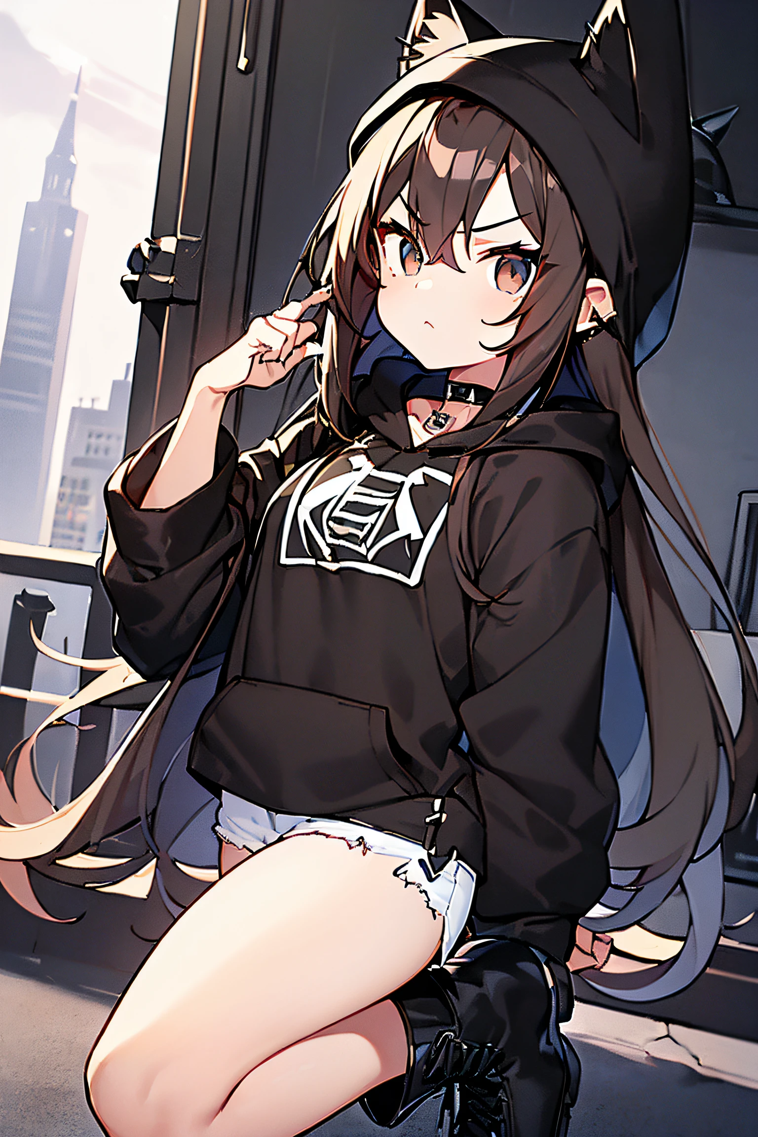 ((masterpiece, best quality)), ((1girl)), (white crop top), ((black open hoodie)), ((black short jeans)), (fishnets), (black military boots), ((dark brown long straight hair)), brown cat ears, serious, black eyes, rosy cheeks, (black choker with spikes), (black gothic beanie), dynamic angle, city background