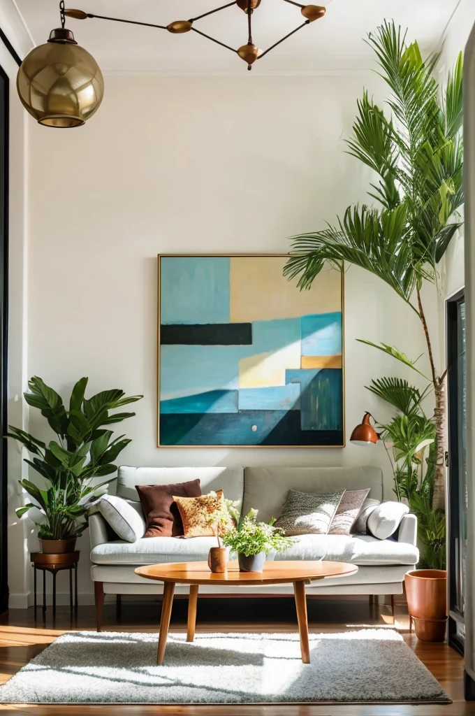 Living room with a sofa and a large painting on the wall, Super realistic, Light colors, Bright, with potted plants, Modern architecture, high standard