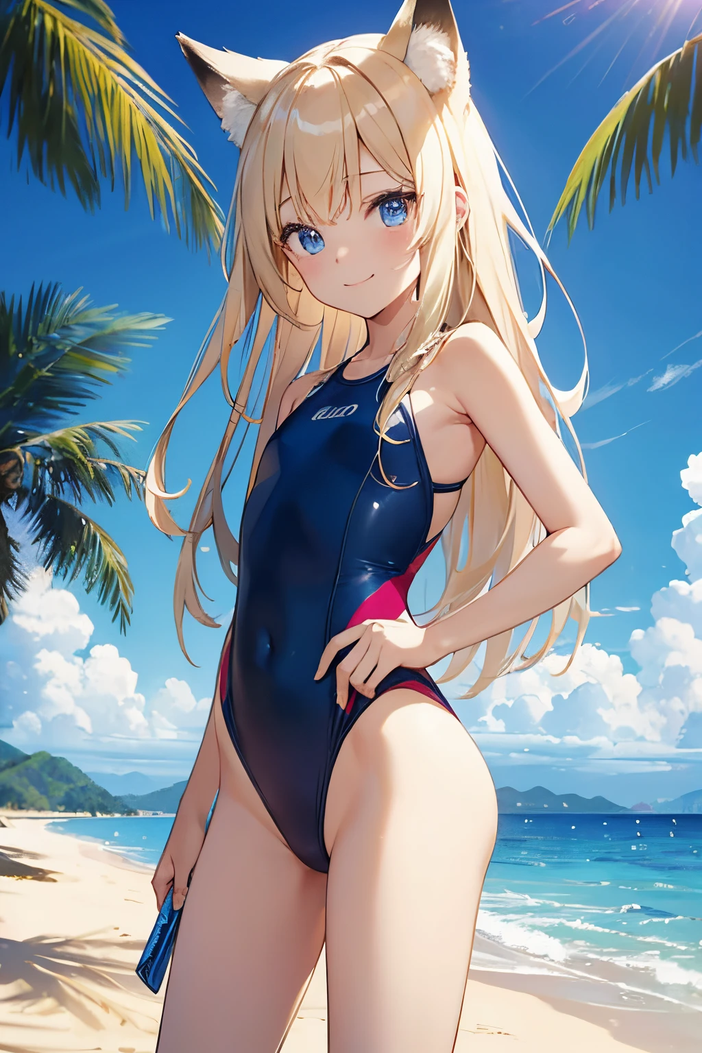 top-quality、extremely delicate and beautiful、Soio、Soio、Blonde blue-eyed、long、（slingshot high leg swimsuit）、Princess、Princess、A smile、is standing、Facing the front、Empty beach in the background、Very young、8years old、Fox ears、