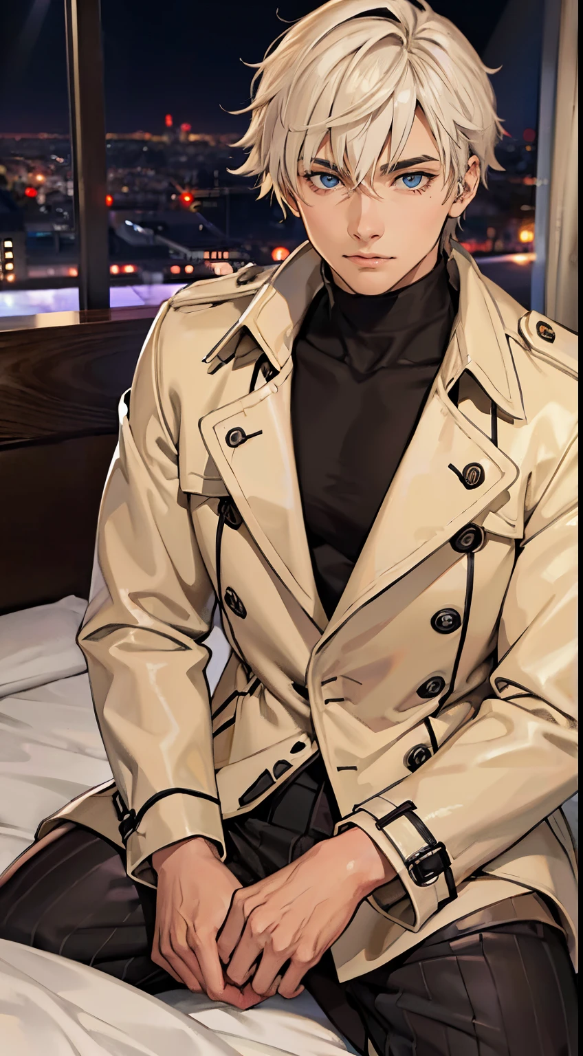 beautiful young boy, ivory trench coat, Night, black ribbed turtleneck, Anime-like faces, There are condoms on the beds at love hotels...