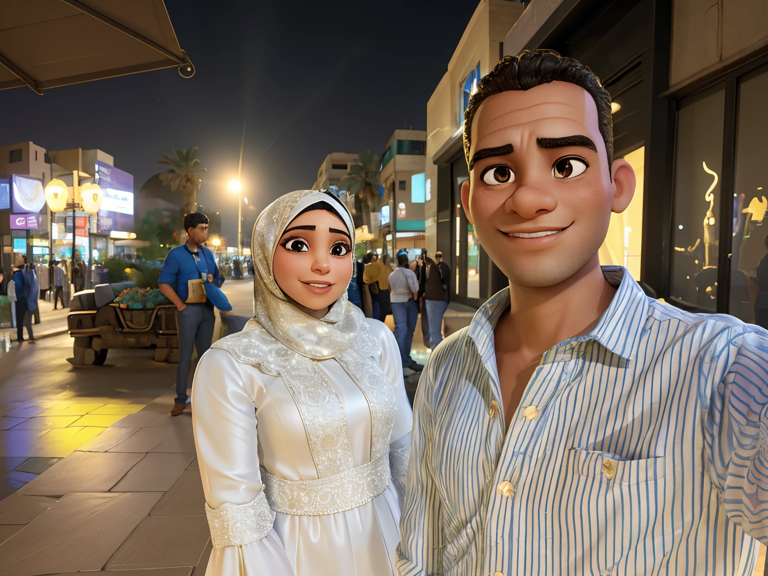 they are standing outside at night in a city with a street light, in egypt, lovely couple, happy couple, from egypt, during sunset, photo taken in 2 0 2 0, profile image, at nighttime, african ameera al taweel, taken on iphone 1 3 pro, taken in the night, greek ameera al taweel, in city street