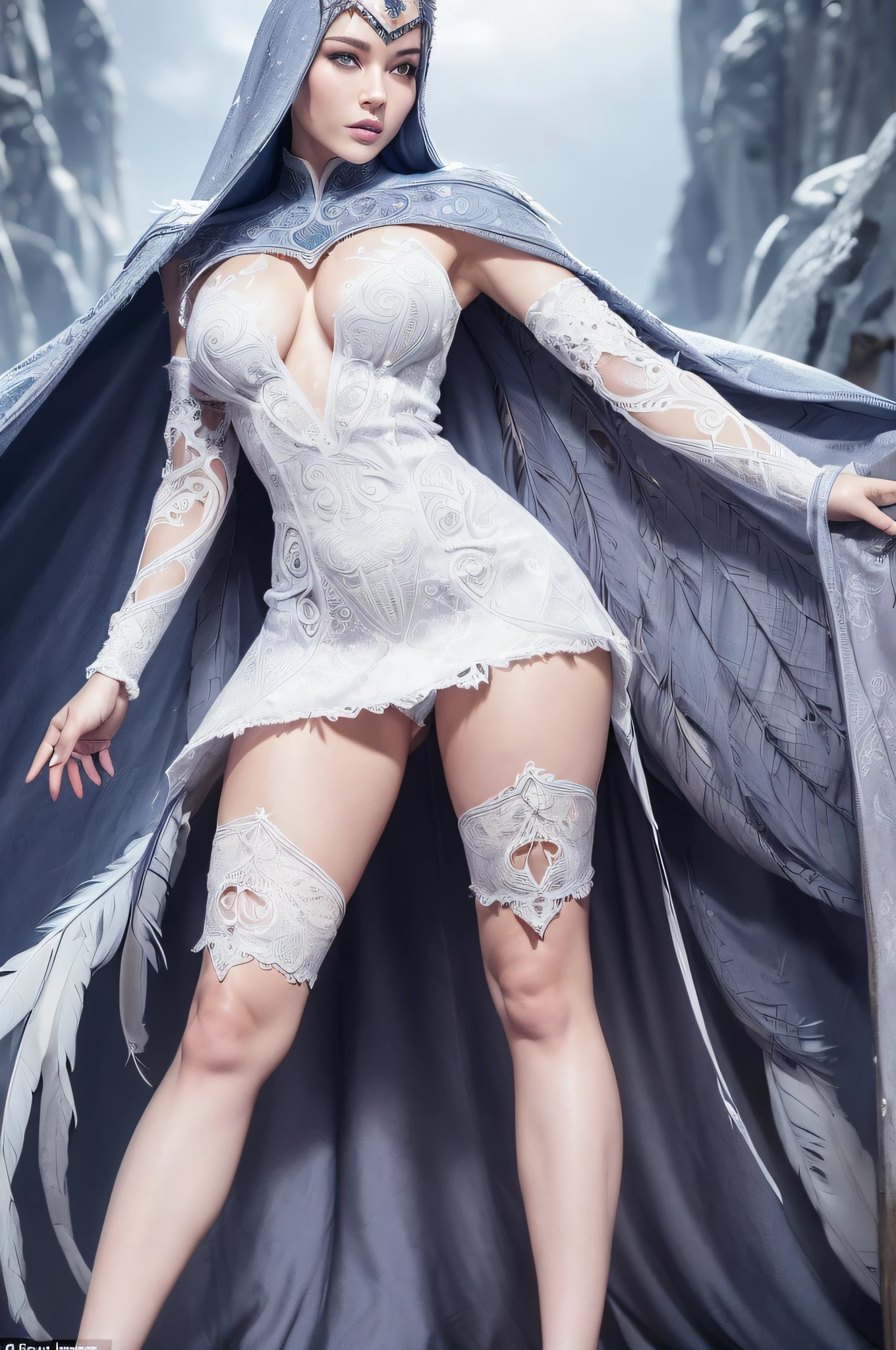 ((professional: step by step, final result god level)): "((full body, cowboy shot)), slim build, full body, (only 1 woman), perfect body,  cute Young Human woman who has blue Falcon feathers instead of hair, which cover her head and part of her perfect body, These feathers are an important distinctive of her appearance ((she wears a very short 10% white dress below the hips showing thighs which gives her an ethereal and magical appearance)). She also wears a cape with hood made with feathers instead of fabric. She has facial makeup that highlights her eyes, symmetrical face, bare thighs and hips, ((((all whit intricate details)))), very sexy, blue eyes, blue thong, bare crotch, slightly leaning forward with legs apart"