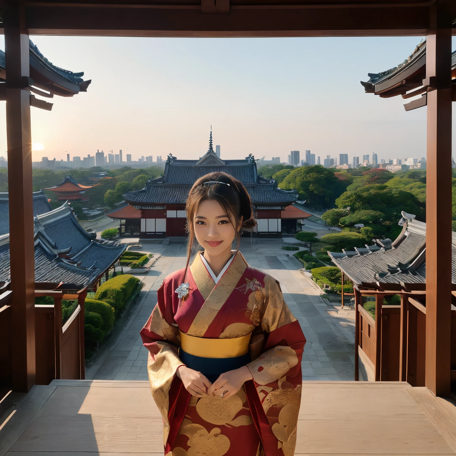 ((top-quality、masutepiece、8K、Top image quality、Very complex and detailed details、very vivid、a high chroma))、(1 photo:1.5)、(Photo of one woman :1.5)、(1 photo:1.5)、(Take photos with the princess as the main character:1.5)、(A gorgeous city view with a princess nearby and depth in the background:1.3)、((1 Princess、empress、Princess of the Heian period、chignon、Mainly female close-ups、Standing in a gorgeous city、Luxury Oiran Kimono))、(((Atmosphere of the Heian period、Beautiful Niwa-lacquered pillars、a gorgeous city、The most luxurious royal palace of the Heian period、A huge and majestic Niwa-lacquered building、Beautiful and perfect Heiankyo、beautiful and luxurious tiled roof、many luxurious buildings、Lots of buildings、Sparkling sunset、Beautiful sunset、Fantastic sunset、spectacular dark sunset、Glittering dark sunset、spectacular movie lighting、the most luxurious capital、luxurious and luxurious building、Complete reproduction of the splendid Heian capital、The perfect capital of Heiankyo、luxury city、Townscape of the Heian period、Perfect reproduction of Japan、Heian period)))、(View me、Look at viewers、A smile)