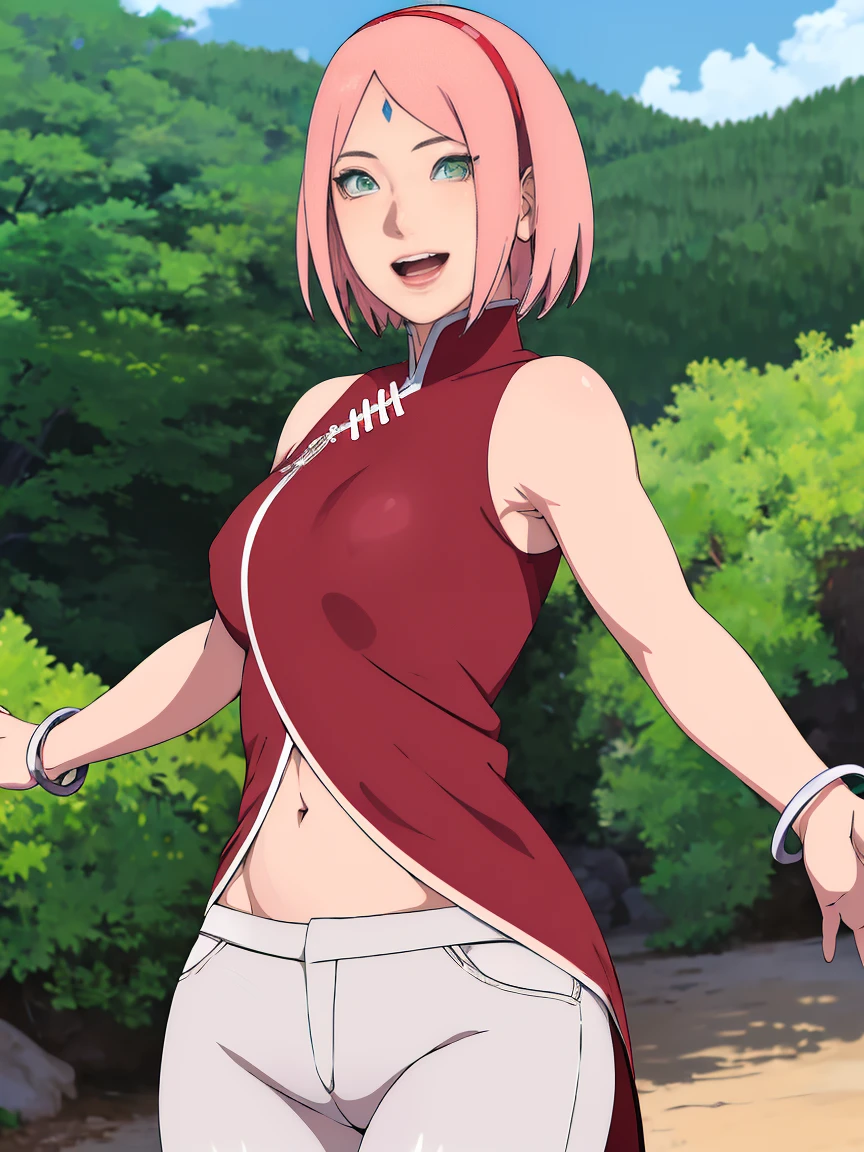 Sakura haruno,(((nude))), showing belly by lifting the top,