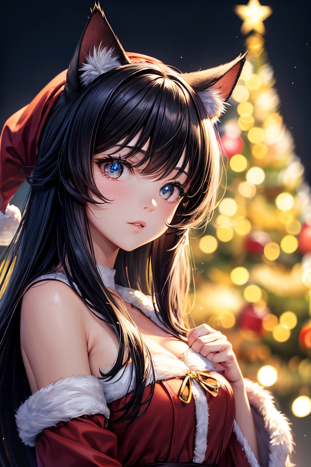 Top quality, high resolution, perfect human structure, background focus, front view, glowing hair, cat ears, blue hair, Santa costume, presents, bangs pinned back, determined, glowing eyes