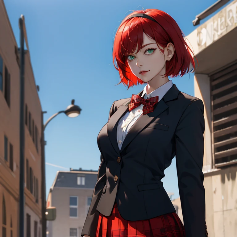red short bob girl, Green eyes, and large breasts,Black Blazer School Uniform,Bow tie on chest,Plaid skirt,Hair band on the head,The background is only a blue sky