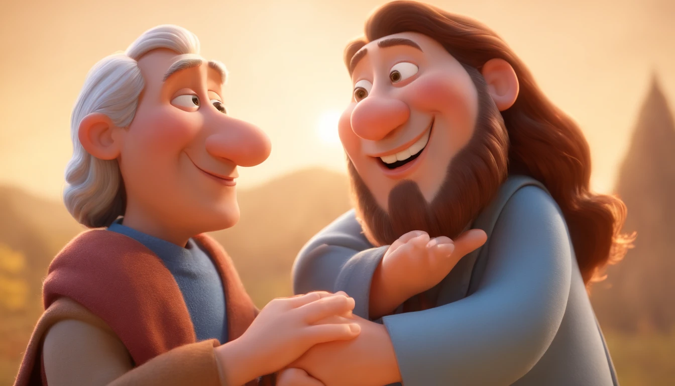 a cartoon of biblical jesus happily hugging and welcoming a man into heaven, a very beautiful place in heaven, animated film, 3 d animated movie, animated still, animated movie, inspired by Johannes Helgeson, jesus wasted at a party, animation film, animated film still, rendered in corona, epic illumination, 3 d animated, 3d animated, he is greeting you warmly Caractere estilizado, animation style rendering, 3D estilizado, Arnold Maya render, 3 d render stylized, toon render keyshot, Personagem 3D, Personagem 3D, 3d rendering stylized, 3 d character render, personagem de desenho animado, Personagem de close up, Pose de personagem,  (Estilo Pixar) (master part:1.2) (Bokeh) (best quality) (pele detalhada) (textura detalhada) (8k) (argila) (Cinematic lighting) (foco nítido