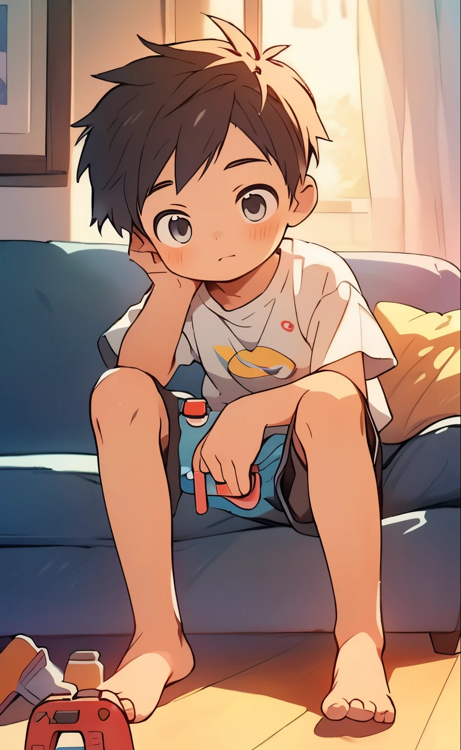 ((Masterpiece)), (best qualityer), (1boy:1.2), (8 year old:1.2), Wear a T-shirt and patterned boxer shorts, In the room, Close-up, looks away, Barefoot, sitting in the couch, ((From the front below)), (Press and hold the game controller),