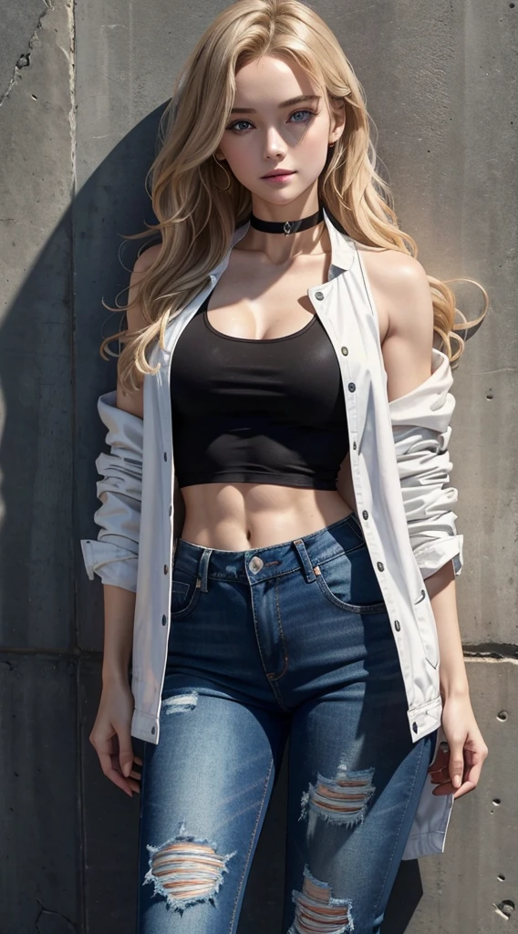 A 23-year-old white woman with unparalleled beauty.、blue eyess、dark blonde、hair is wavy、Semi-long、leaning against a wall on a city street、a smile、View from the front、wearing black tanktop、wearing a black choker、I'm wearing hot pants made of jeans fabric with tight distressing.、You have one hand in your pocket、The navel is out、My abs are cracked、Slender yet well-proportioned body、sunlight is shining from above、Photorealistic images、8K picture quality、I'm punching my chest、I don't want my head to disappear from the screen.、The color of the jacket is random、My jacket is falling apart