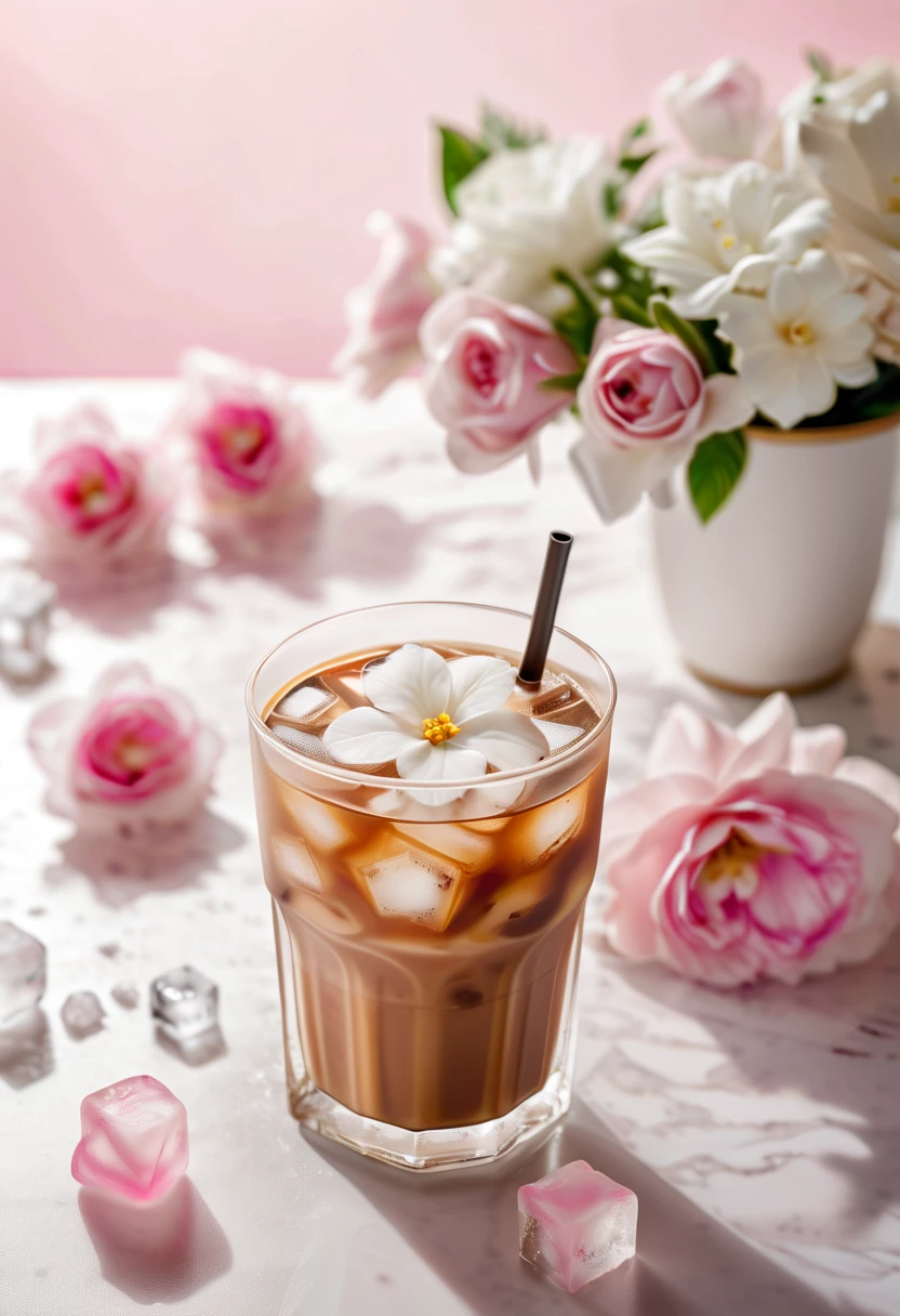 Product photography, food magazine shooting, high Angle of view, medium distance, summer sun, 1 cup of iced coffee, lush white flowers, large ice cube, white and pink texture background, bright cold tone, Oriental artistic artistic aesthetics, realistic sense of reality, romantic atmosphere, hyfine details, light and shade contrast, by Nikon, 120mm,