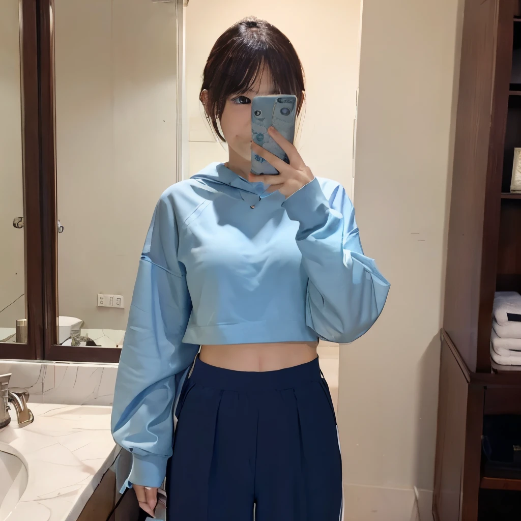 Top image quality、top-quality、masterpiece、超A high resolution、8K、Unripe、photographrealistic:1.4、profetional lighting、cute 、a baby face、B hair、A slender、moderately sized breasts、B Cup Bust、ssmile、Reflection of myself in the mirror、Hide your face with your phone、Smartphone in front of your face、Take a selfie in the mirror、trainingwear、Dark blue training pants、White sweatshirt with long sleeves、I'm hiding my face