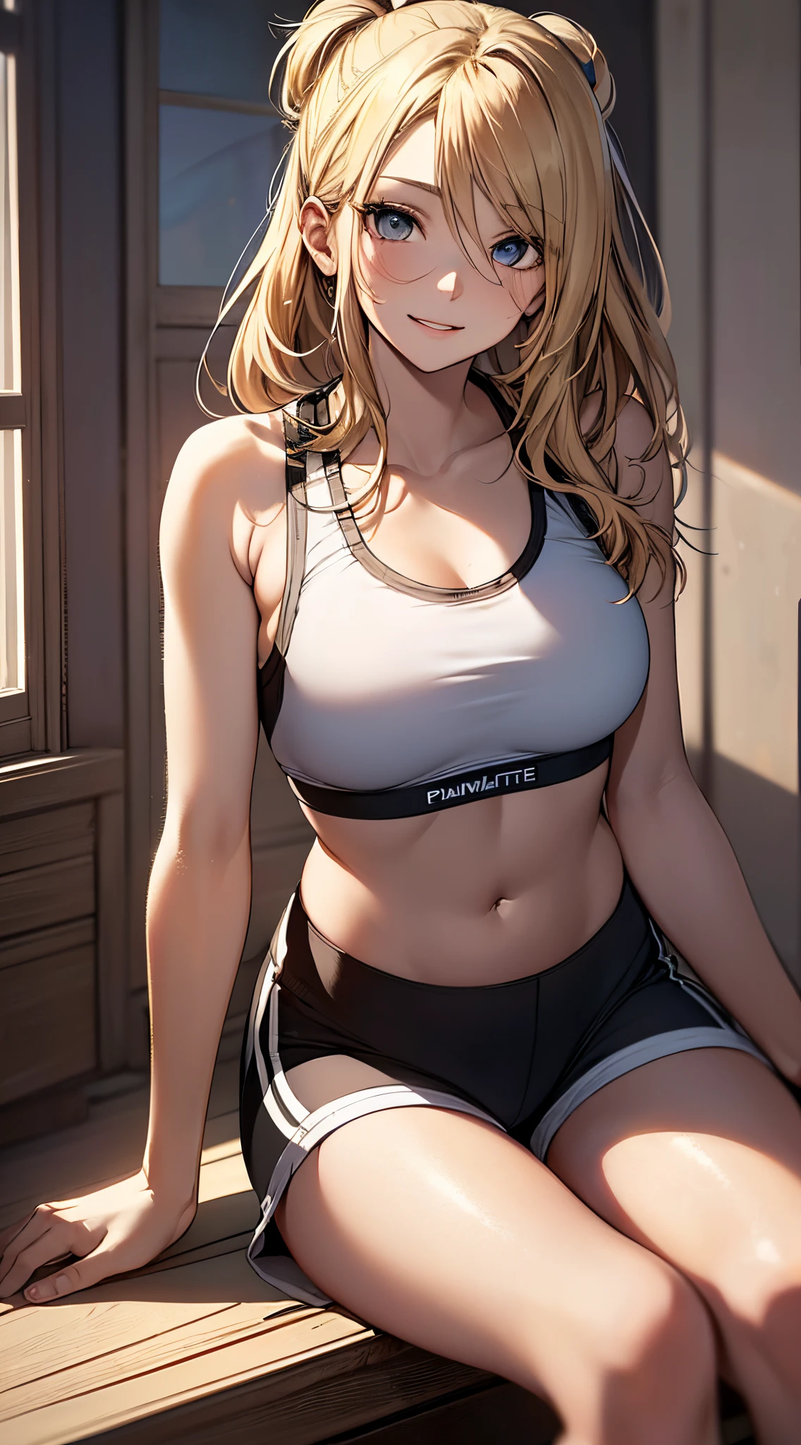 最high quality、best image quality、masterpiece、age girl((20-year-old、 By becoming、vest bust、medium bust,wide open breast tea、black eye, blonde hair、long hair、thin,highest valley、blue sports bra、Blue sports pants、punch、sweating、scattering of sweat)),high quality、beautiful art、background((dilapidated store、bad group))debris flies、Depth of written boundary、movie、visual art、perfect art、8k,genuine、