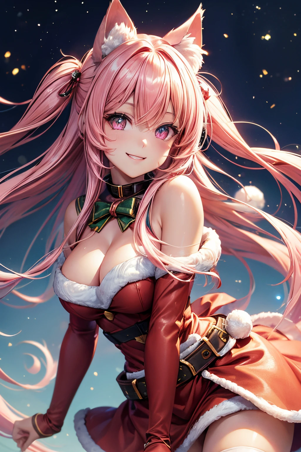 Top quality, high resolution, perfect human structure, figure focus, front view, glowing hair, glowing eyes, cat ears, pink hair, long, Santa costume, overall angle, happy smiling gradient eyes, swept bangs,