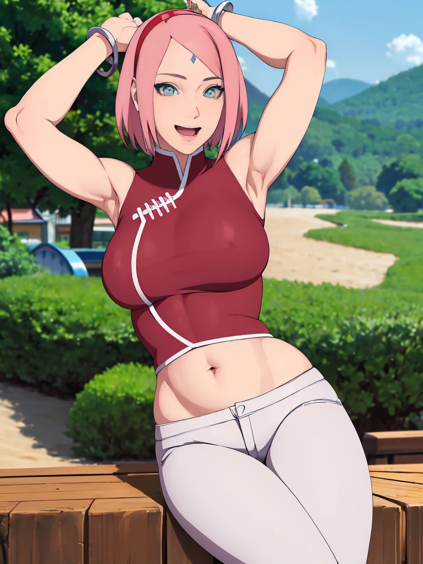 masterpiece, 4k, portrait, cowboy shot, (PLAYGROUND BACKGROUND), professional artwork, intricate details, colorful, digital blending, (ultra detailed body, ultra detail hair, ultra detail face), trending on pixiv, kind smile, best quality, anime style: 1.9, 1girl, hires, haruno sakura, (forehead mark, milf, red hairband, pale skin, (small breasts), short hair, ((red sleeveless dress), white pants), ((navel, belly button), slender body, slender belly, bracelet, pink hair, open mouth, big eyes), smile, beach, wind, floating hair, detailed arms, off-shoulders, broad shoulders, (((both) hands spreading to both sides)), fancy couch, relaxing, laying, talking, looking at the viewer))), (((flexing))), (((ultra detailed arms)))). (((curvy: 1.2)))