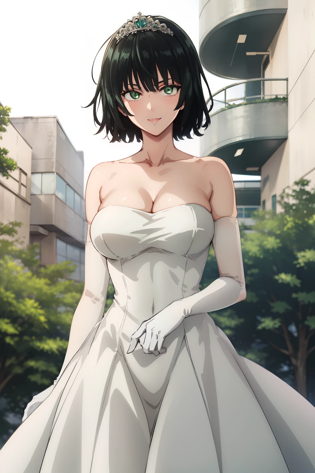 masterpiece, mommy, best quality, highres, aarurutie,1girl, wedding dress, white dress,tiara, bridal veil, necklace, cleavage, strapless dress, white dress, white gloves, elbow gloves standing, garden, smile, open mouth,  short dark green hair, curly hair, green eyes,