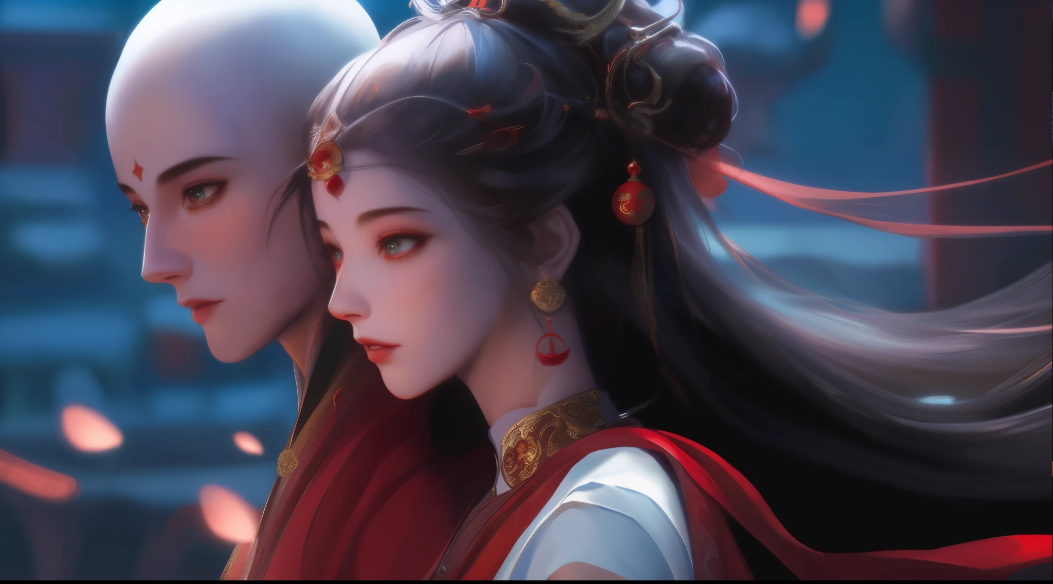Close-up of woman in red and bald monk, roberto ferri and ruan jia, GameCG, video game cutscene, Beautiful renderings of the Tang Dynasty, xianxia fantasy, Cinematic half-length close-up, romance fantasy movie, Marc Simonetti and Saki Micha, CGI cutscenes, sha xi