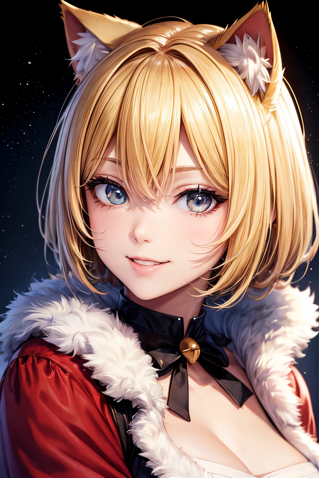 Top quality, high resolution, perfect human anatomy, background focus, front view, shiny hair, cat ears, blonde hair, short cut, Santa costume, happy smile, gradient eyes, swept bangs,