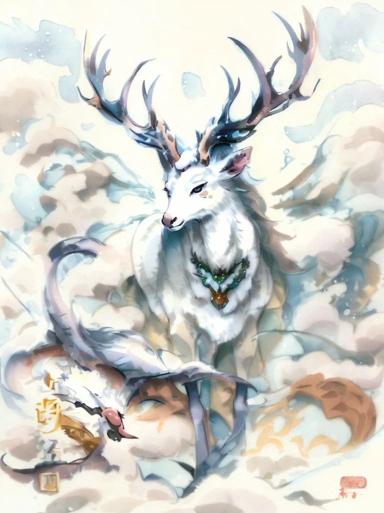 Close-up of a deer,With sky background and clouds, author:Hero, author:Puhua, beautiful youth spirit, beautiful painting of tall man, heise jinyao, xianxia fantasy, Inspired by Xiao Yuncong, author:Huang Shen, chinese painting style, author:Dugin, white horns, drak, A mythical creature