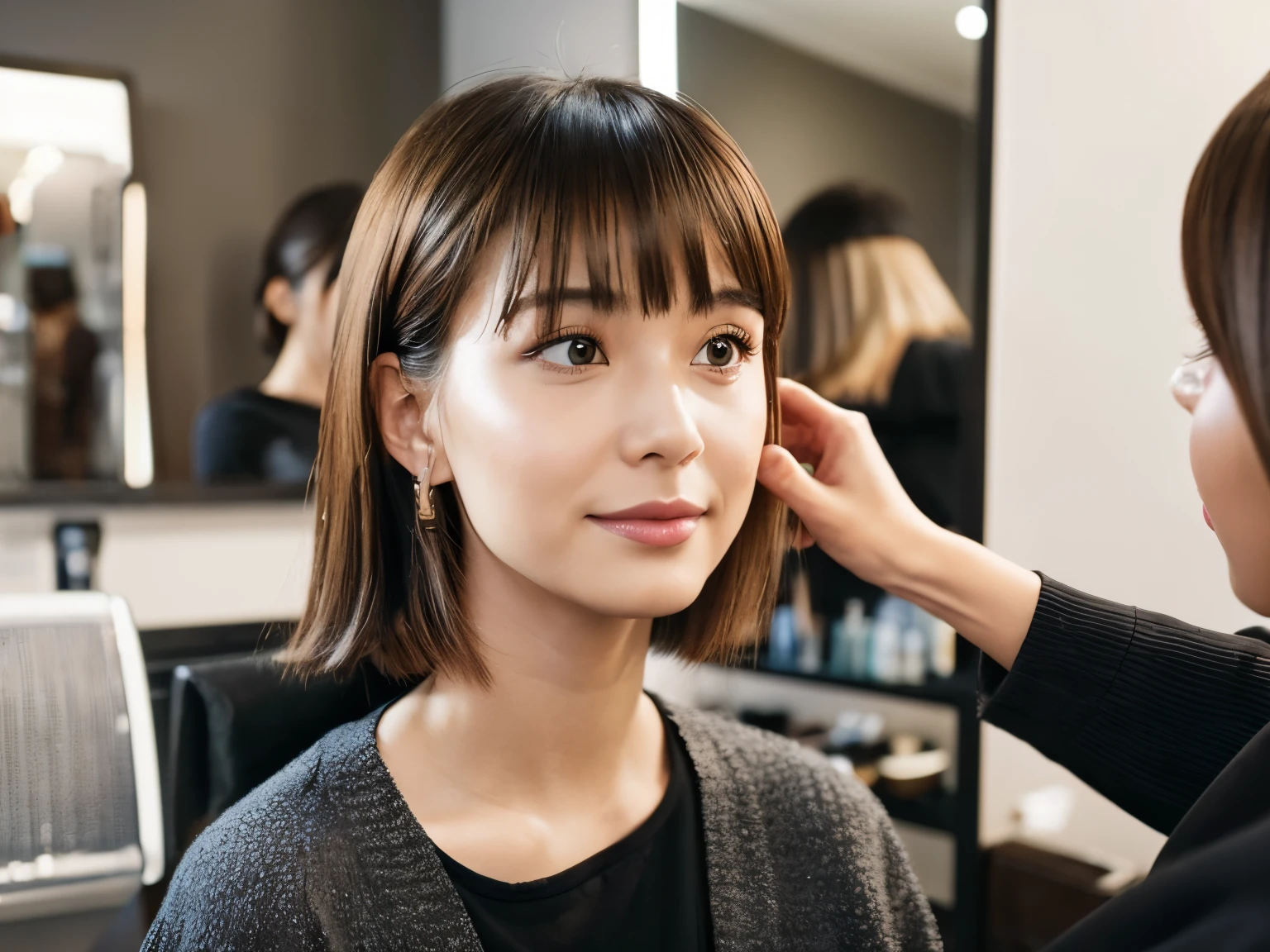 Japan Beauty Salon, femele, Hair being cut, Your hair is dried with a hair dryer, The background is close to white, light smile, depth of field, Canon, UHD