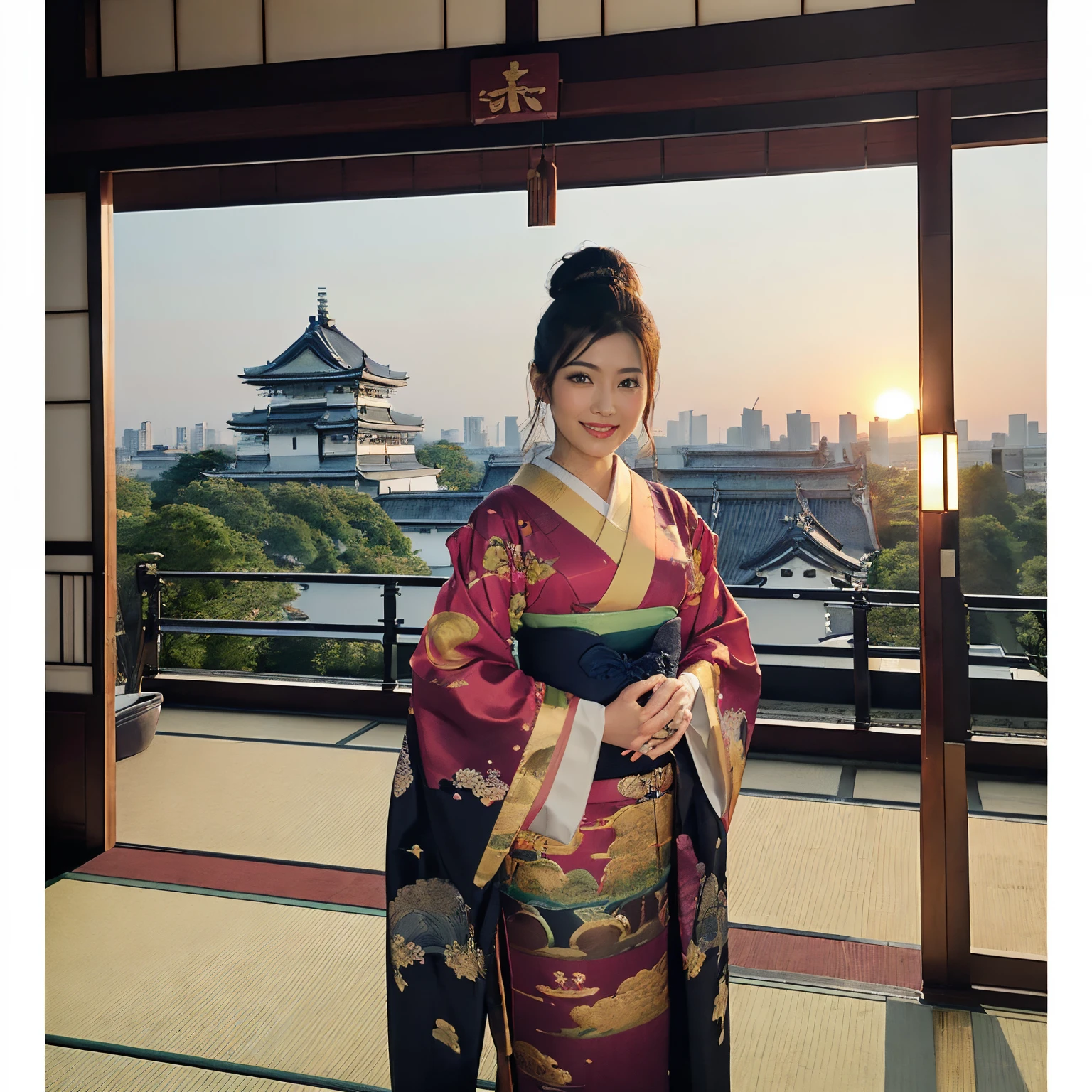 ((top-quality、masutepiece、8K、Top image quality、Very complex and detailed details、very vivid、a high chroma))、(1 photo:1.5)、(Photo of one woman :1.5)、(1 photo:1.5)、(Take photos with the princess as the main character:1.5)、(A gorgeous city view with a princess nearby and depth in the background:1.5)、((1 Princess、empress、dark sunset sky、Princess of the Heian period、chignon、Mainly female close-ups、Standing in a gorgeous city、Luxury Oiran Kimono))、(((Atmosphere of the Heian period、Beautiful Niwa-lacquered pillars、a gorgeous city、The most luxurious royal palace of the Heian period、A huge and majestic Niwa-lacquered building、Beautiful and perfect Heiankyo、beautiful and luxurious tiled roof、many luxurious buildings、Lots of buildings、Sparkling sunset、Beautiful sunset、Fantastic sunset、spectacular dark sunset、Glittering dark sunset、spectacular movie lighting、the most luxurious capital、luxurious and luxurious building、Complete reproduction of the splendid Heian capital、The perfect capital of Heiankyo、luxury city、Townscape of the Heian period、Perfect reproduction of Japan、Heian period)))、(View me、Look at viewers、A smile)