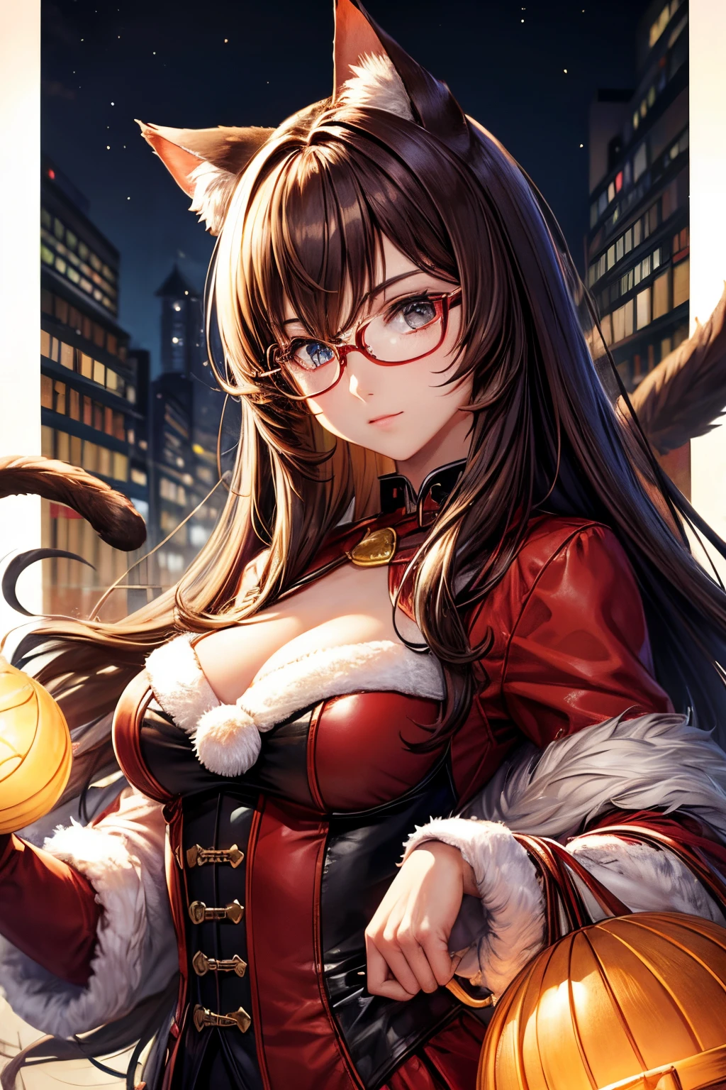 Top quality, high resolution, perfect human structure, background focus, front view, glowing hair, cat ears, brown hair, bobbed hair, glasses, gradient eyes, swept bangs, Santa costume, library,