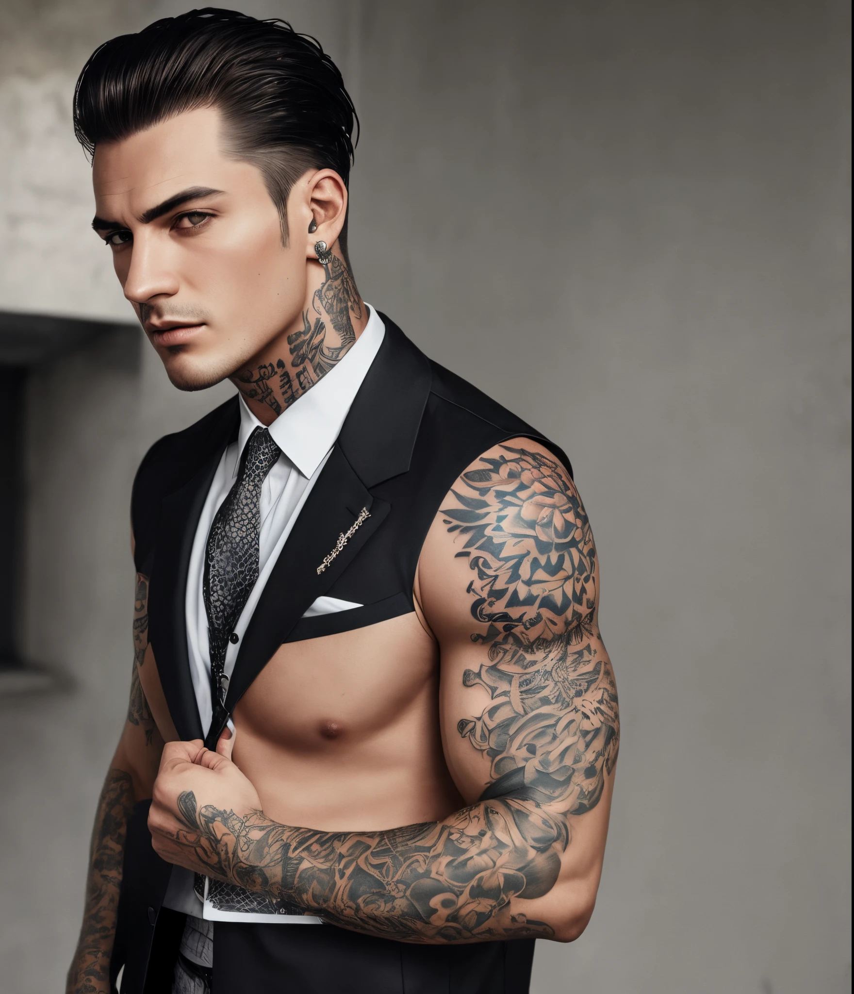 Toned Mafia boss with short hair slicked back, well groomed, tattoos, sharp jaw, Italian decent