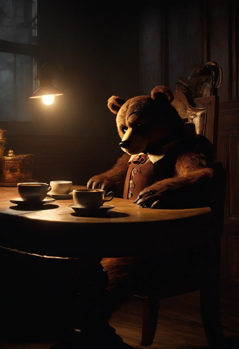 The creepy animatronic bear is sitting at a table in a dimly lit room, holding a teacup with its clawed paw, with a sinister grin on its face.,Five Nights at Freddy's,freddy fazbear
