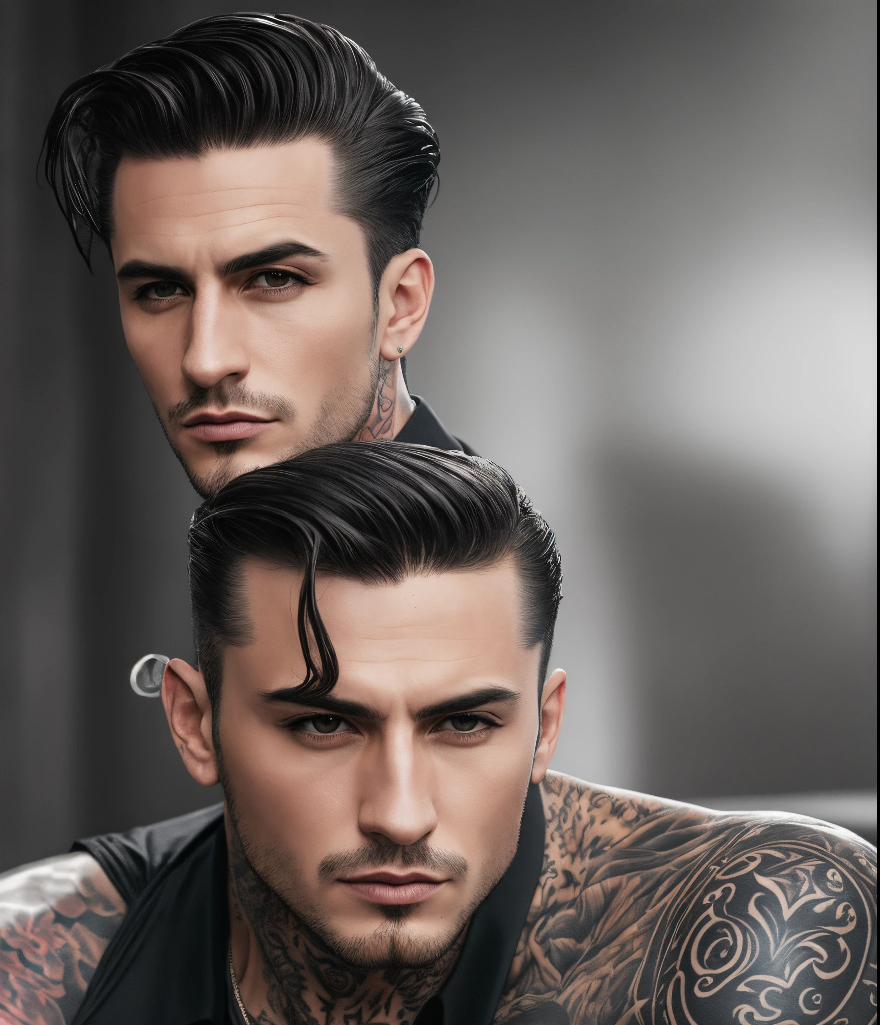 Toned Mafia boss with short hair slicked back, well groomed, tattoos, sharp jaw, Italian decent
