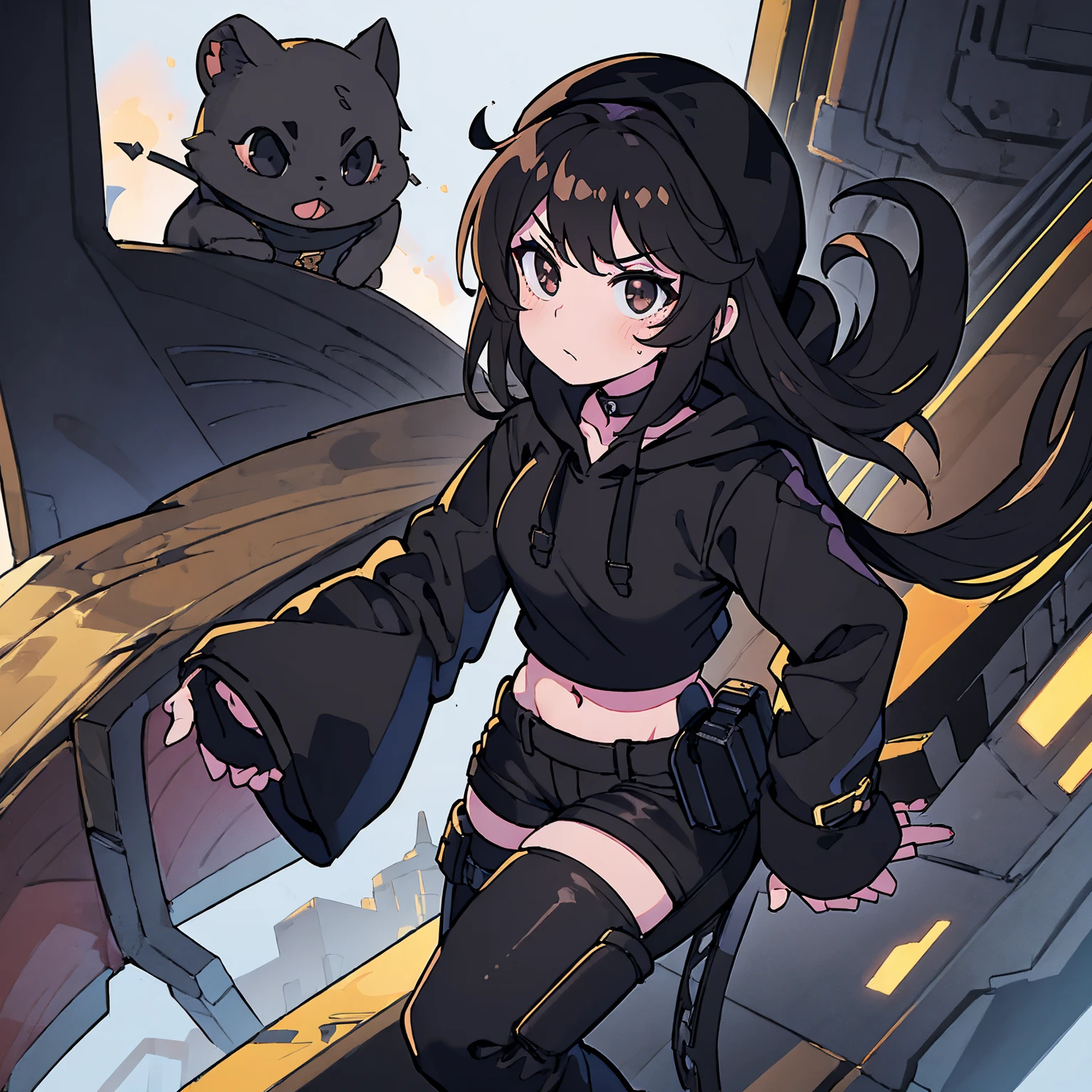 ((masterpiece, best quality)), ((1girl)), (white crop top), ((black open hoodie)), ((black short jeans)), (fishnets), (black military boots), ((dark brown long straight hair)), brown cat ears, serious, black eyes, rosy cheeks, (black choker with spikes), (black gothic beanie), dynamic angle, city background