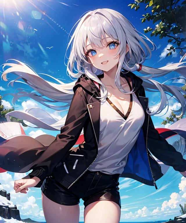 (masterpiece、top-quality)、独奏、1womanl、White hair、the tips of the hair are blue、Blue eyes、A smile、White skin as clear as snow、Fantastical、Open legs,Small breasts, Silver hair, Blue eyes, Beautiful eyes, Teen Girl, Ecstasy, charmed, be smitten with audience, Hoodie, Hoodie with open front, Naked Hoodie, cleavage, Blue sky, Nature, Sunlight