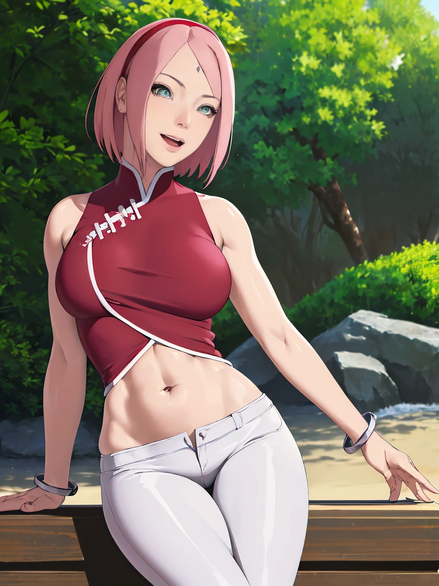 masterpiece, 4k, portrait, cowboy shot, (PLAYGROUND BACKGROUND), professional artwork, intricate details, colorful, digital blending, (ultra detailed body, ultra detail hair, ultra detail face), trending on pixiv, kind smile, best quality, anime style: 1.9, 1girl, hires, haruno sakura, (forehead mark, milf, red hairband, pale skin, (small breasts), short hair, ((red sleeveless dress), white pants), ((navel, belly button), slender body, slender belly, bracelet, pink hair, open mouth, big eyes), smile, beach, wind, floating hair, detailed arms, off-shoulders, broad shoulders, (((both) hands spreading to both sides)), fancy couch, relaxing, laying, talking, looking at the viewer))), (((flexing))), (((ultra detailed arms)))). (((curvy: 1.2)))