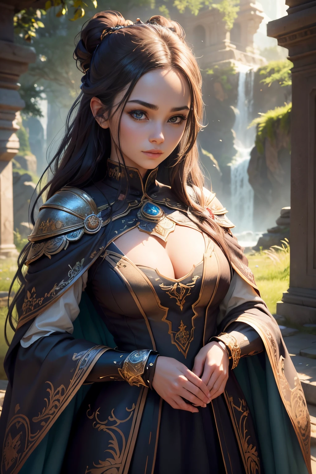 high detail, best quality, 8k, [Super detailed], artwork, best quality, (Very detailed), Dynamic angle, super wide angle照片, Krugru, Realistic, fantasy art, realistic art, Wide angle image of a female human druid, kneeling (1.5 intricate details, artwork, best quality) Talk to a cougar (1.5 intricate details, artwork, best quality) In the wilderness (1.5 intricate details, artwork, best quality),  a woman wearing leather clothes (1.4 intricate details, artwork, best quality), Leather Boots, Thick hair, long hair, chestnut hair, Bronzed skin，Deep brown eyes, Desert Background (Strong details), creek flowing into oasis (1.4 intricate details, artwork, best quality), Lighting sun, Dynamic light. Dynamic angle, (1.4 intricate details, artwork, best quality) 3D Rendering, high detail, best quality, High resolution, super wide angle