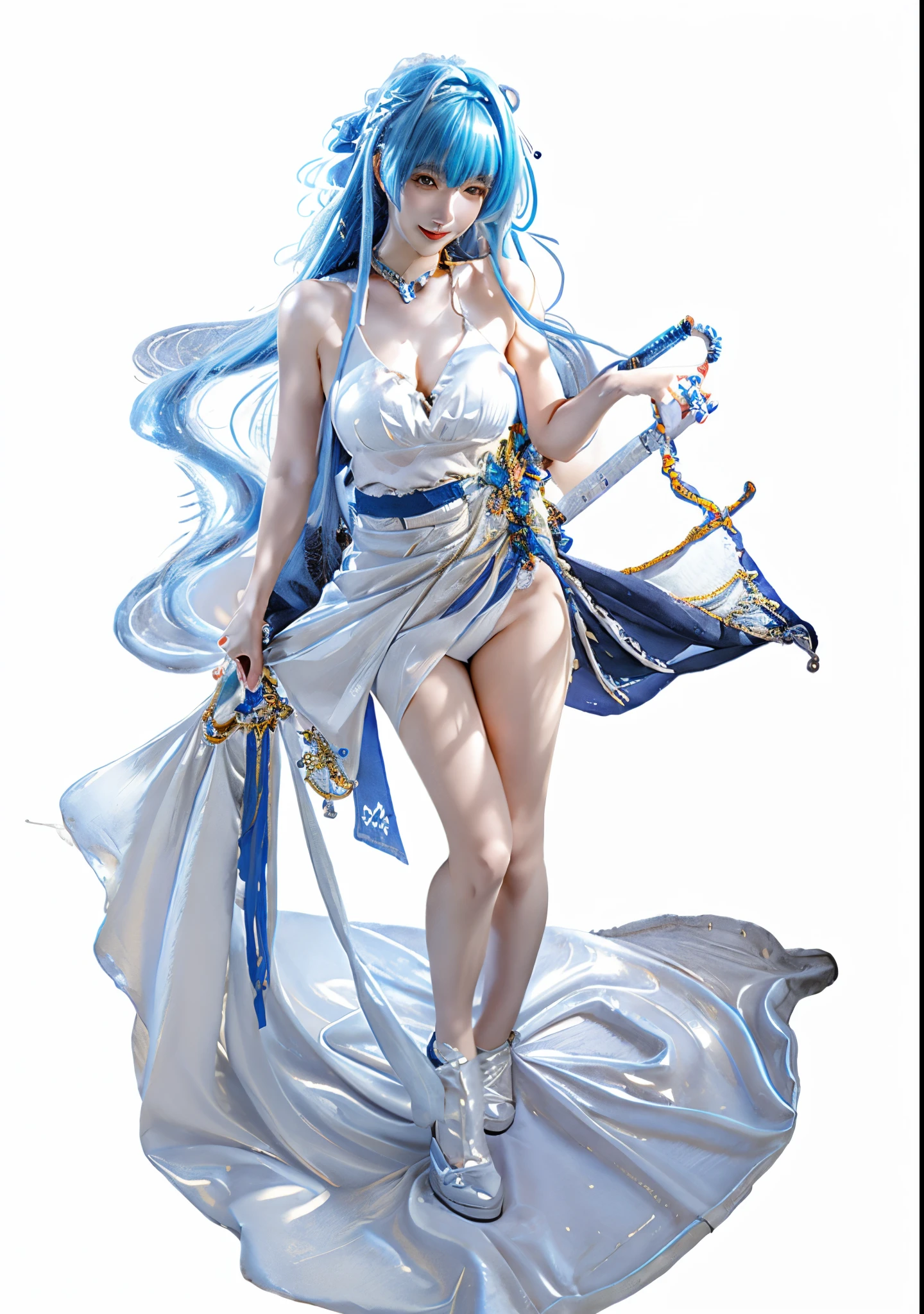 a woman in a white shirt and blue skirt holding a sword, azur lane style, from the azur lane videogame, kantai collection style, characters from azur lane, art of kirokaze pixel, kirokaze, kancolle, kantai collection arcade, pale blue armor, cushart krenz, pixiv 3dcg