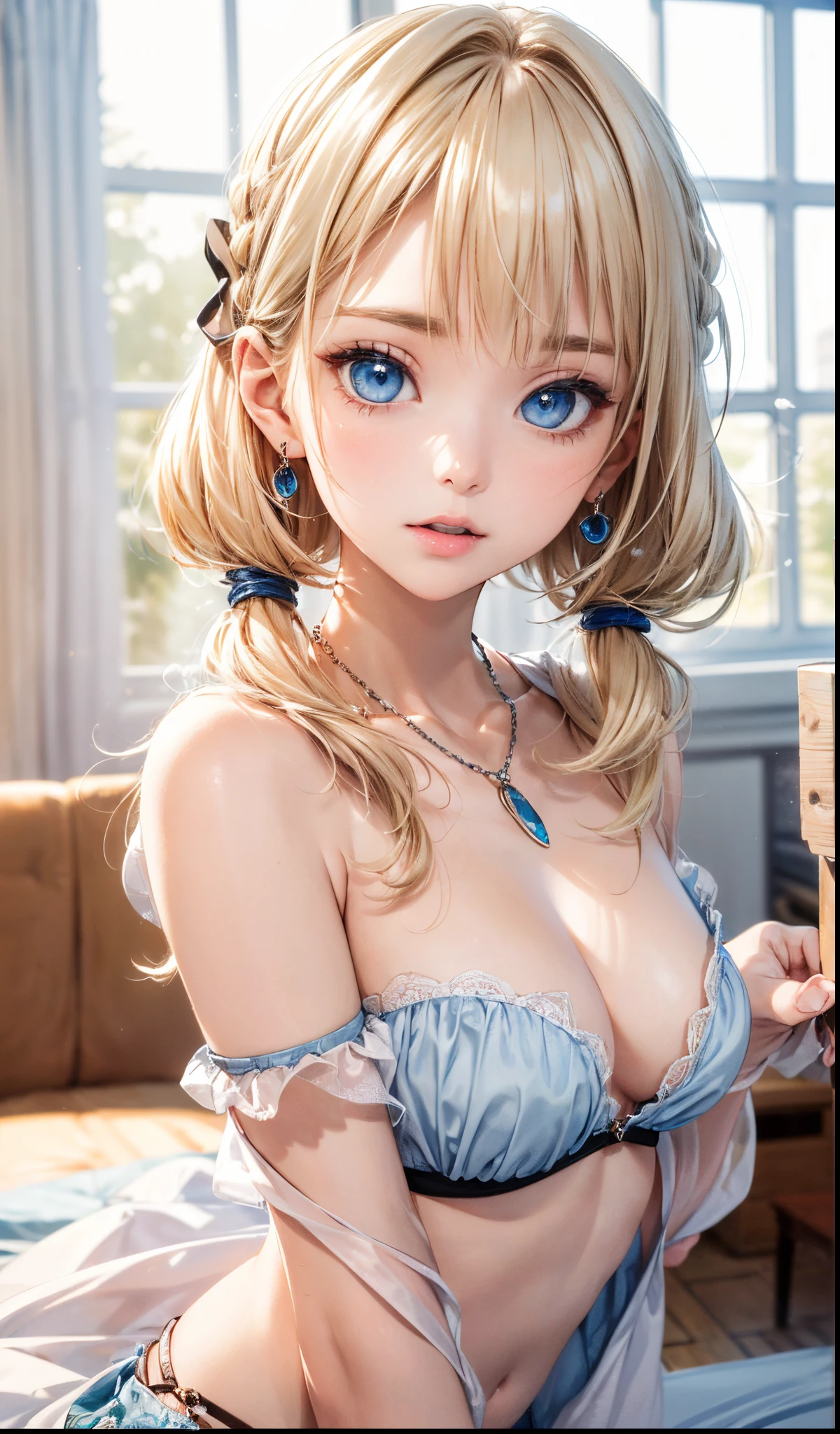 (masterpiece),(top-quality:1.2),1girl in,(masuter piece:1.3),Highest quality 8K resolution, Vibrant colors, Soft tones, With warm and gentle lighting,(Smooth straight blonde hair:1.2),(Hair parted in the middle:1.3),(Glowing hair),(Dark blue eyes:1.3),White skin, hair clips,Small necklace,