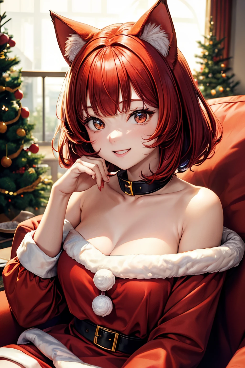 of the highest quality, High resolution, Perfect human anatomy, Background Focus, Front view, Glowing hair, Red hair, bowl cut hair, Cat ears, santa costume, tree, Laughing happily, Sitting upright, livingroom, Heart-shaped eyes
