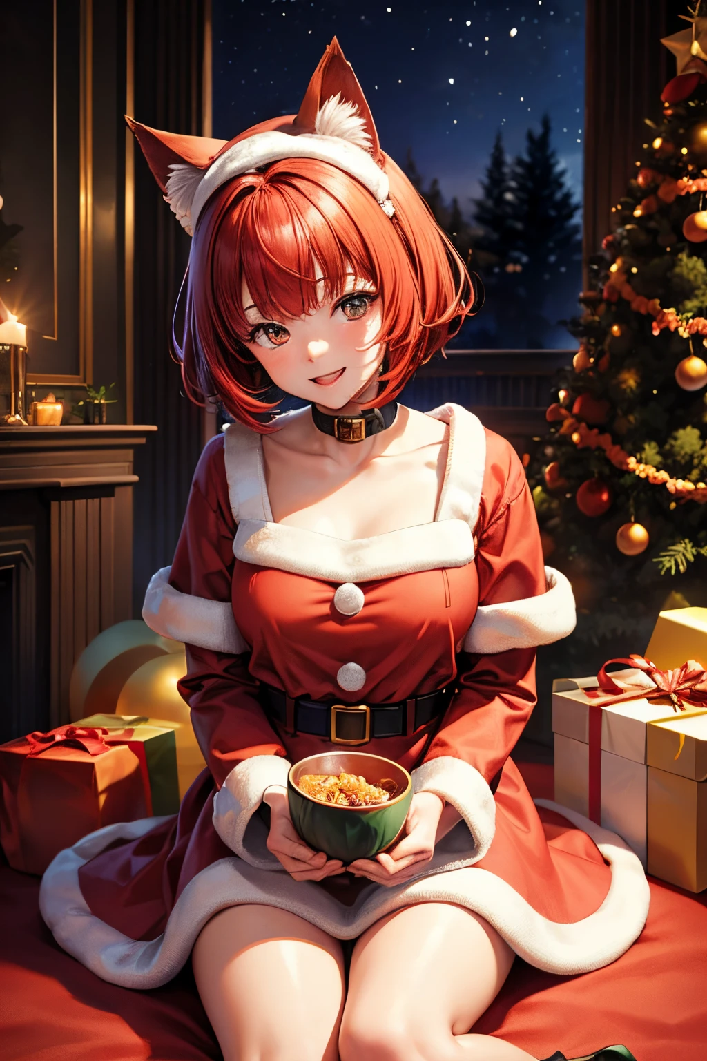 of the highest quality, High resolution, Perfect human anatomy, Background Focus, Front view, Glowing hair, Red hair, bowl cut hair, Cat ears, santa costume, tree, Laughing happily, Sitting upright, livingroom, Heart-shaped eyes