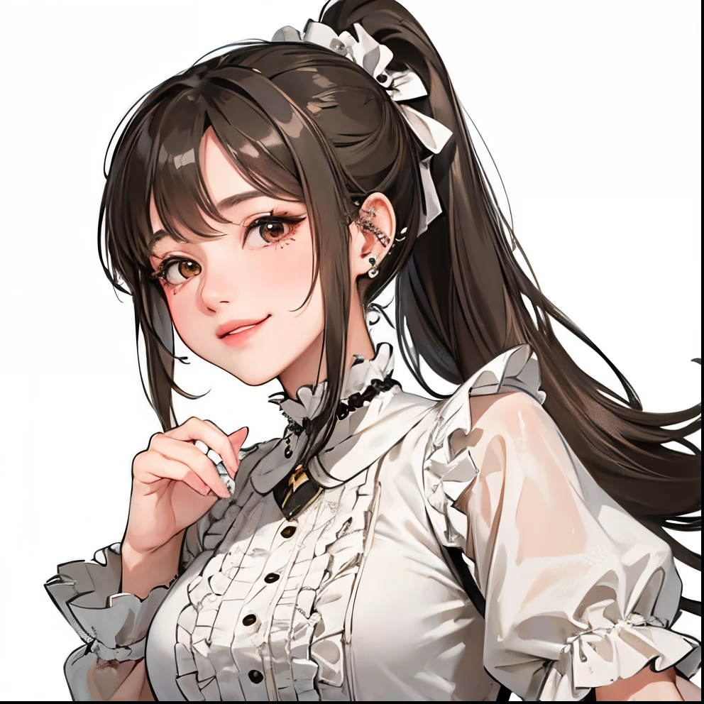 white frilly clothes、sullenness、Brown eyes、smil、length hair、Adult Woman、piercings、upper body ponytail